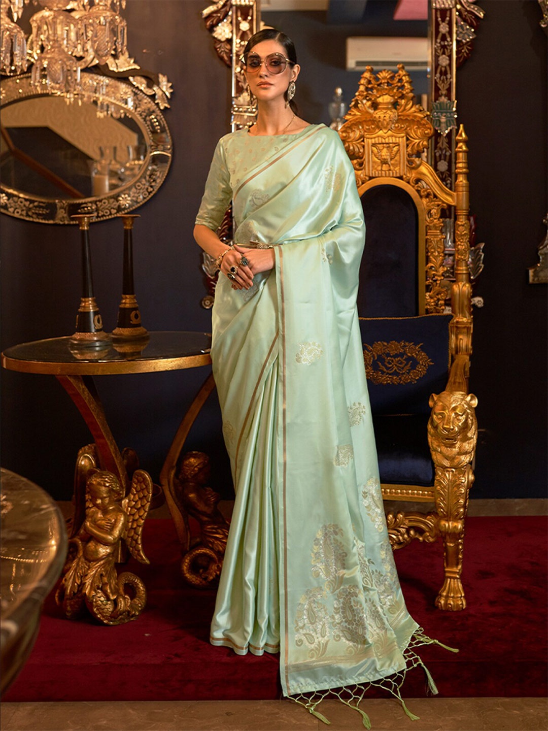 

ODETTE Woven Design Satin Saree, Sea green