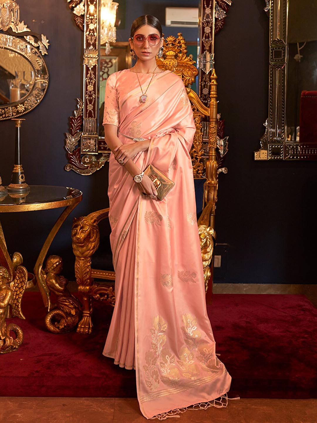 

ODETTE Floral Woven Design Zari Satin Saree, Peach