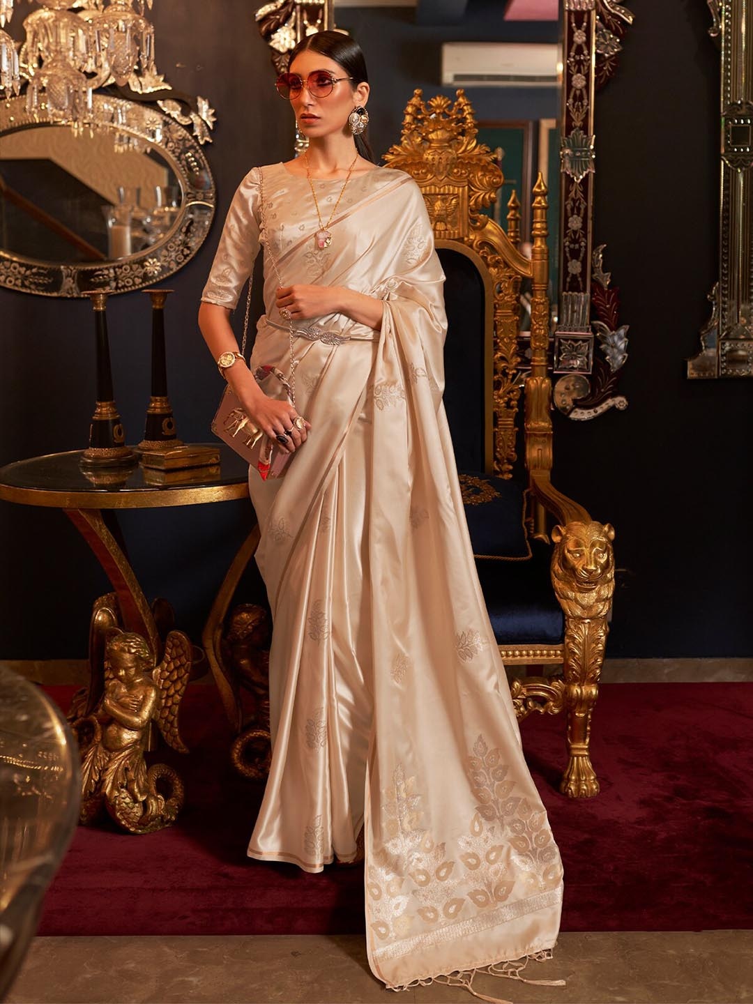 

ODETTE Ethnic Motif Woven Design Satin Saree, Beige