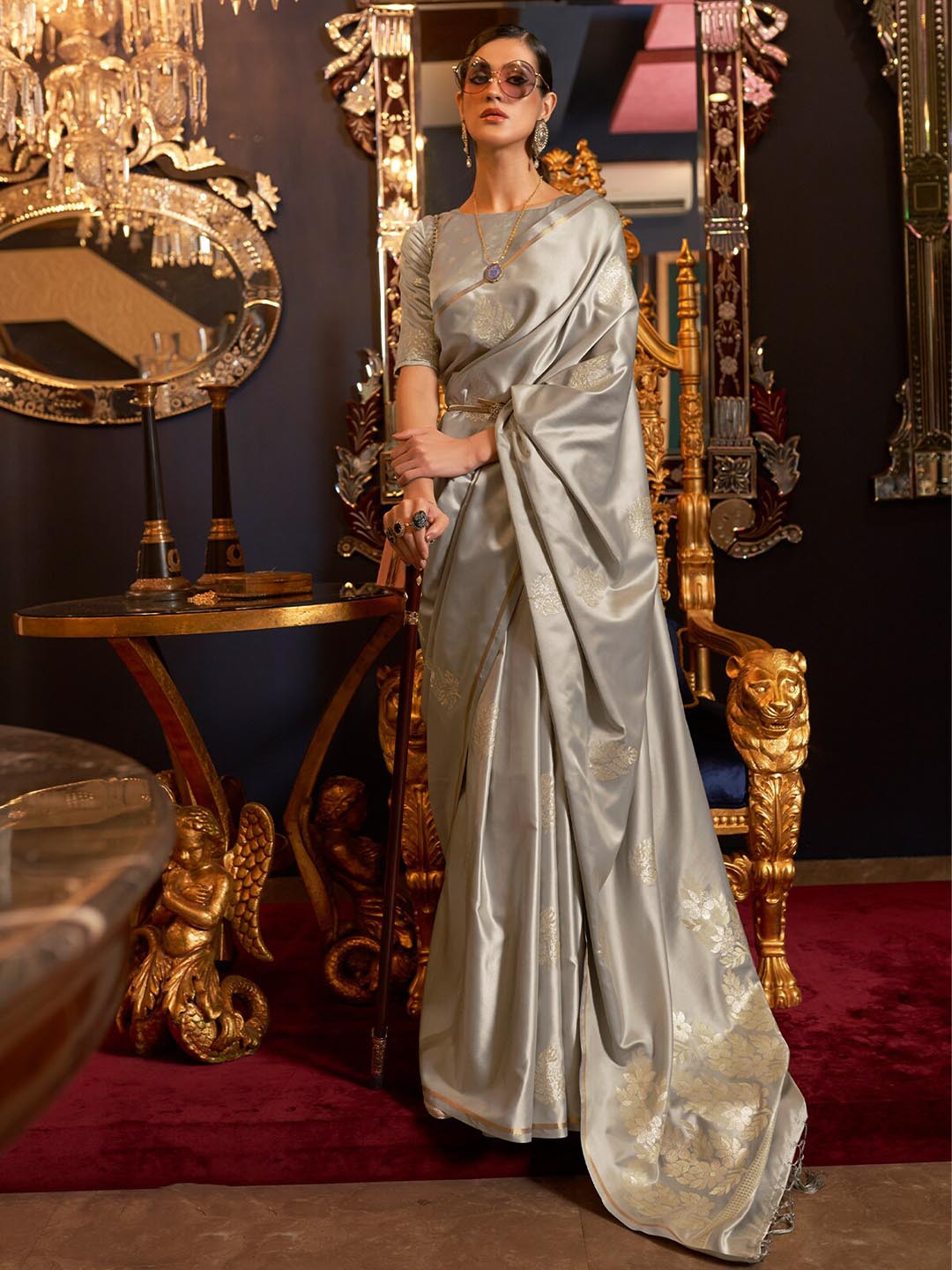 

ODETTE Floral Woven Design Satin Saree, Grey