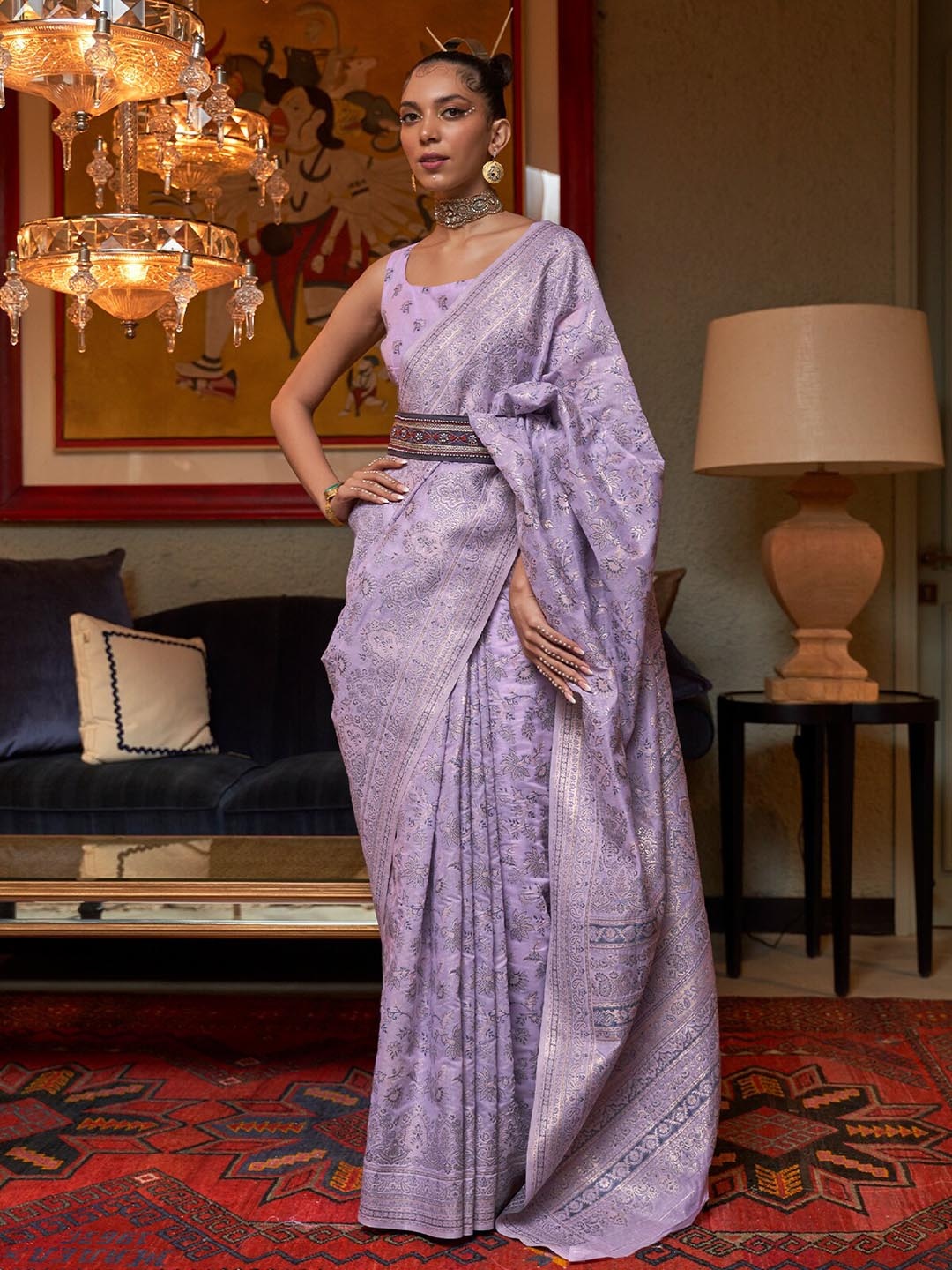 

ODETTE Floral Woven Design Silk Blend Saree, Purple