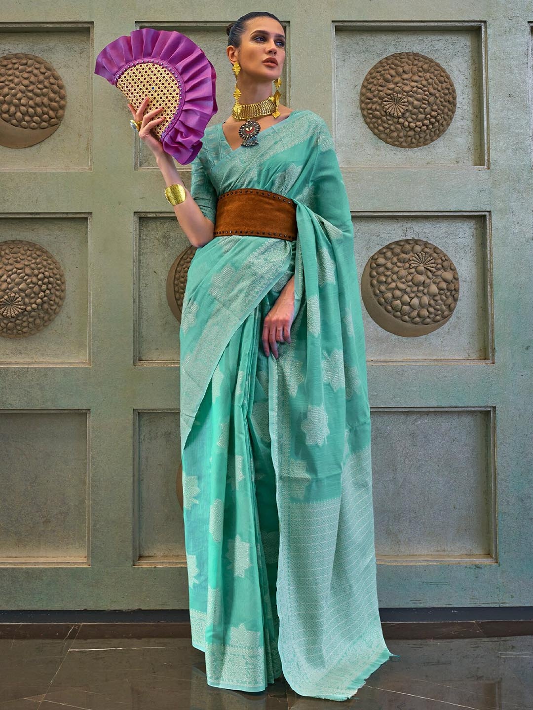 

ODETTE Floral Woven Design Silk Blend Saree, Blue
