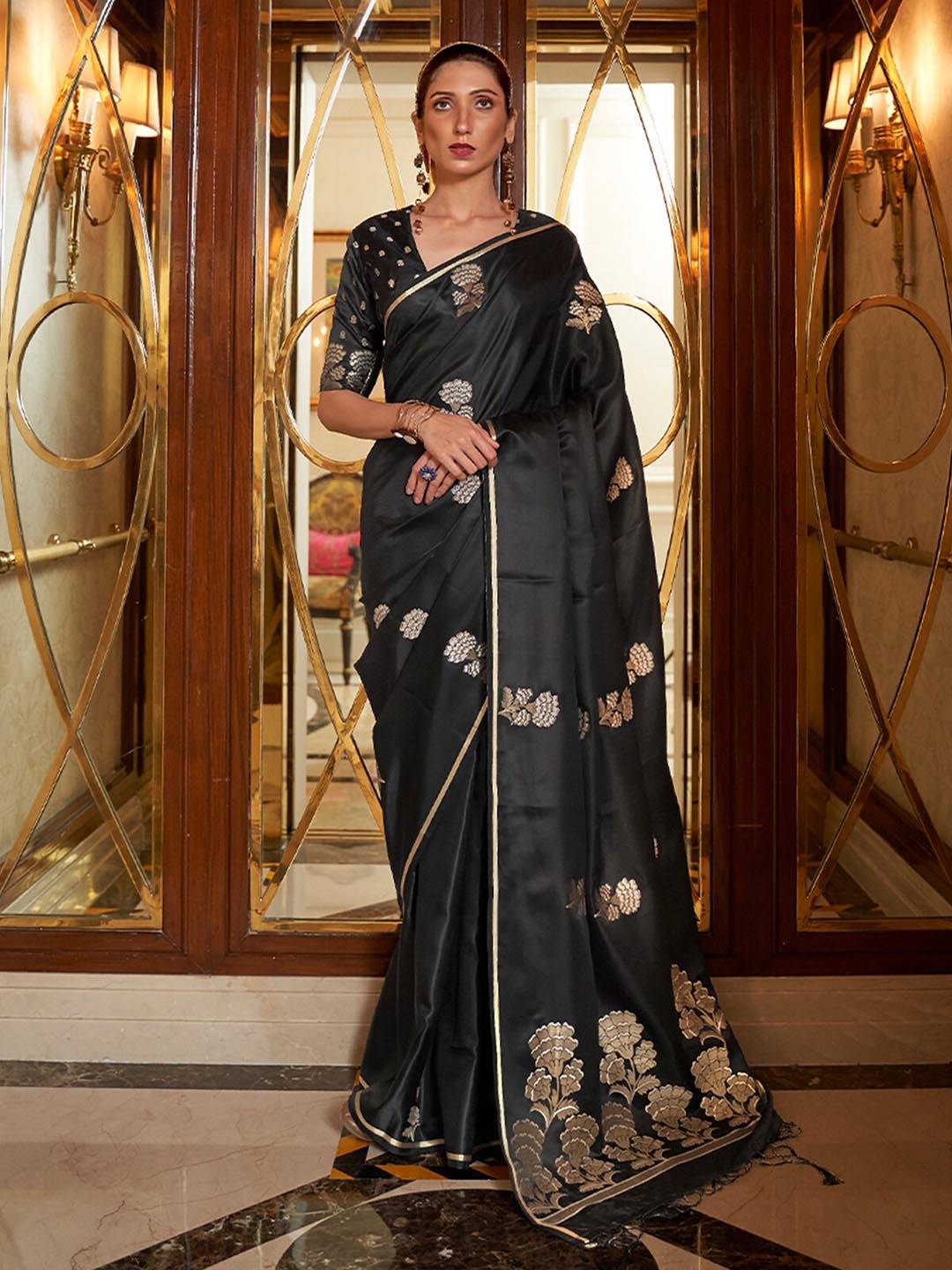 

ODETTE Floral Motif Woven Design Satin Saree, Black