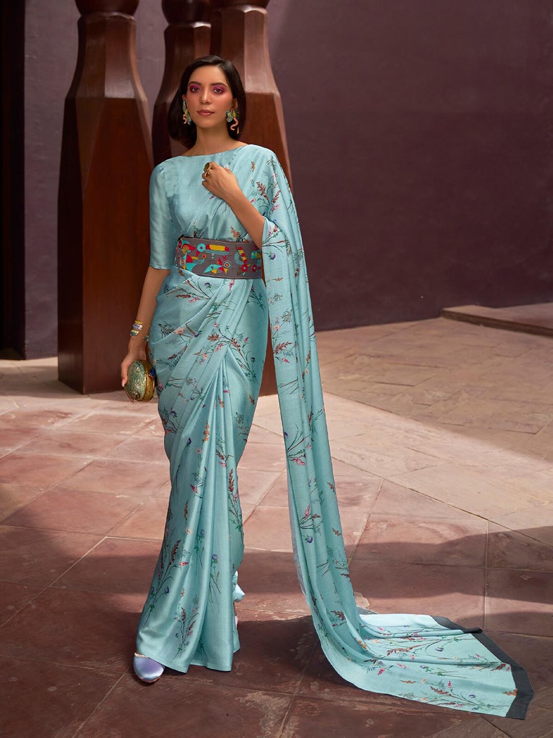 

ODETTE Floral Woven Design Satin Saree, Blue