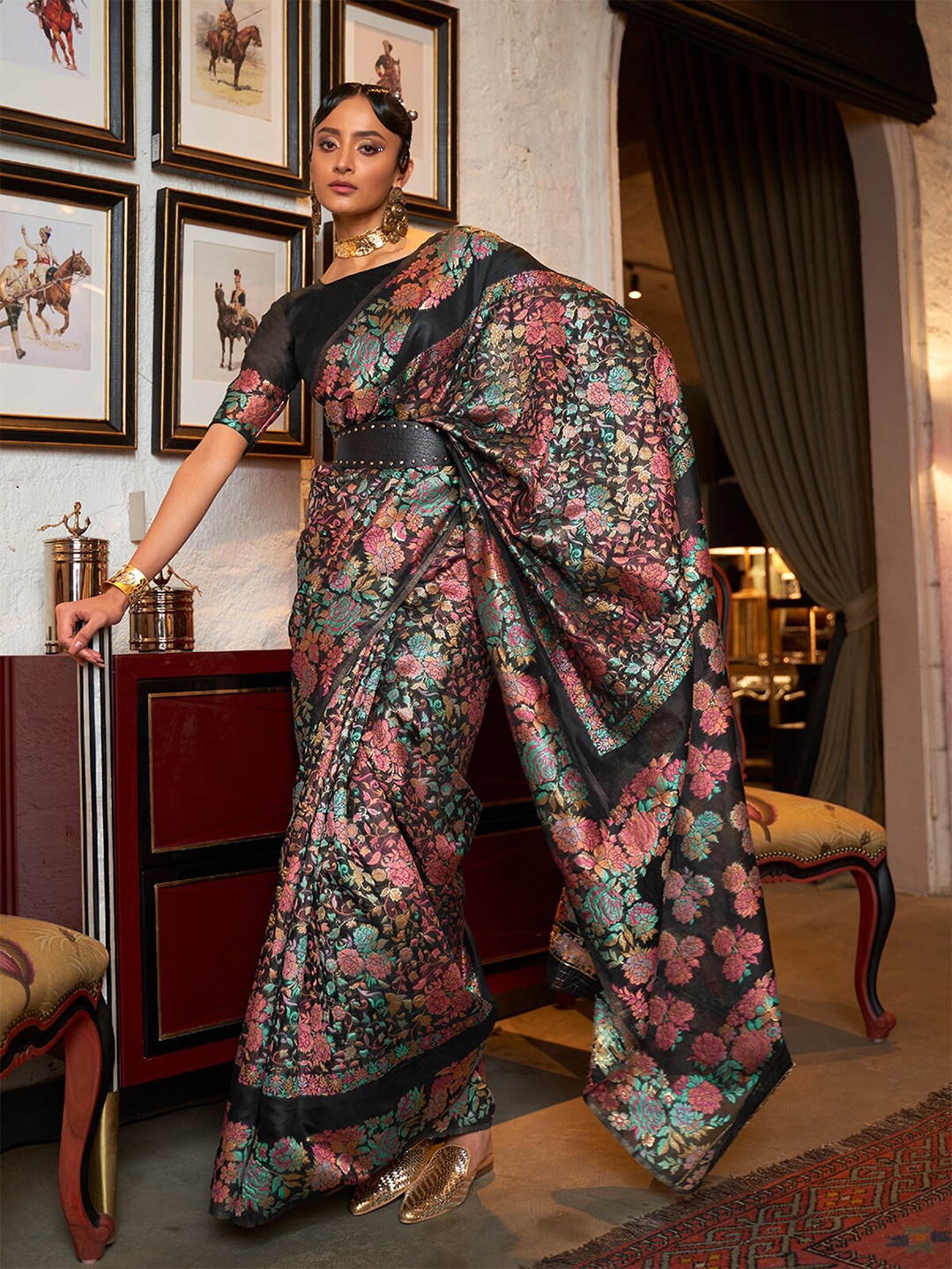 

ODETTE Floral Woven Design Silk Blend Saree, Black