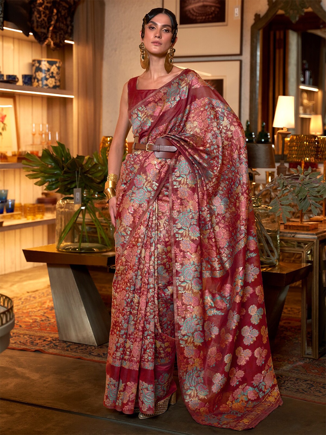 

ODETTE Woven Design Silk Blend Saree, Brown