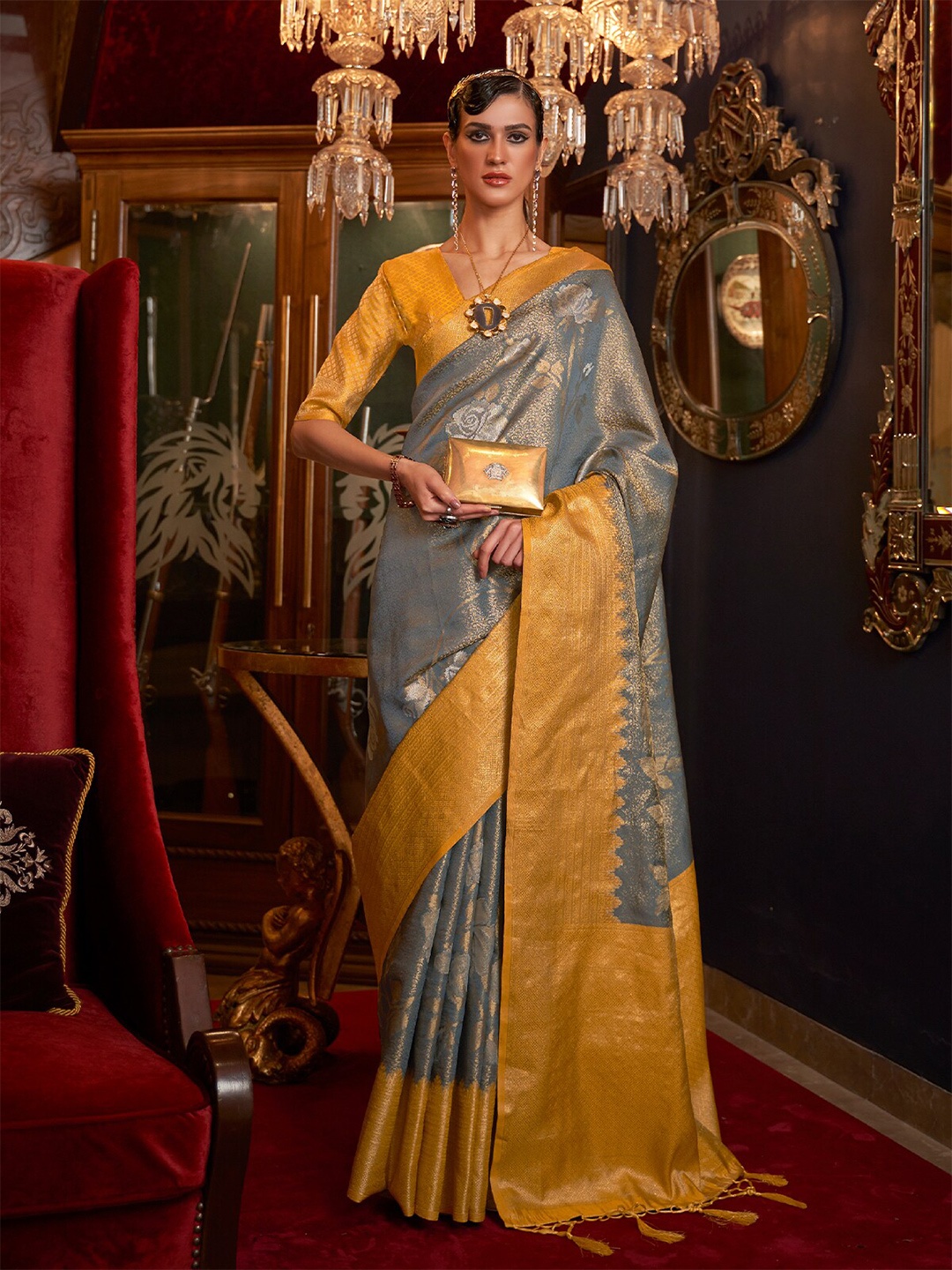 

ODETTE Floral Zari Silk Blend Saree, Grey