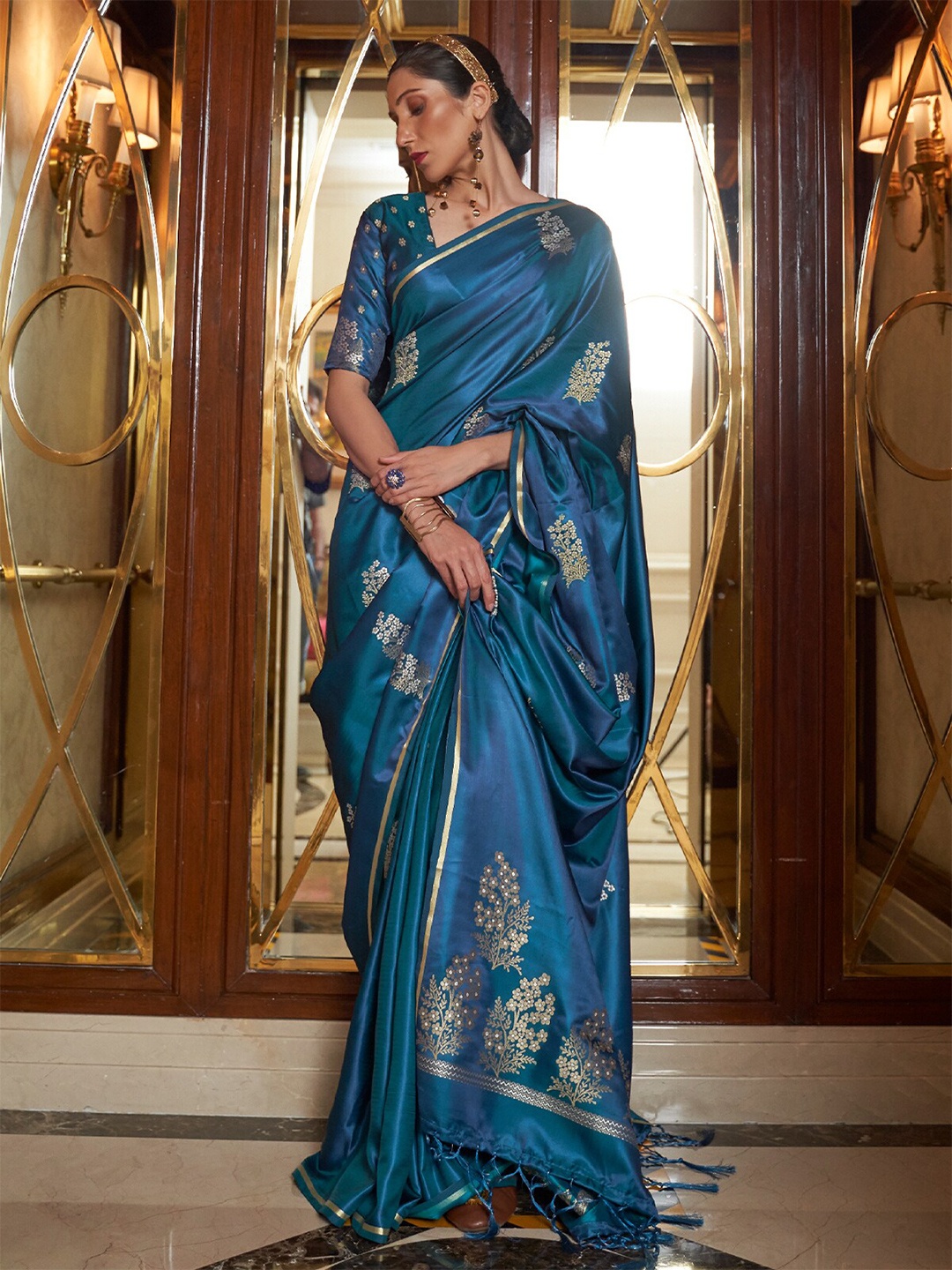 

ODETTE Floral Woven Design Satin Saree, Blue