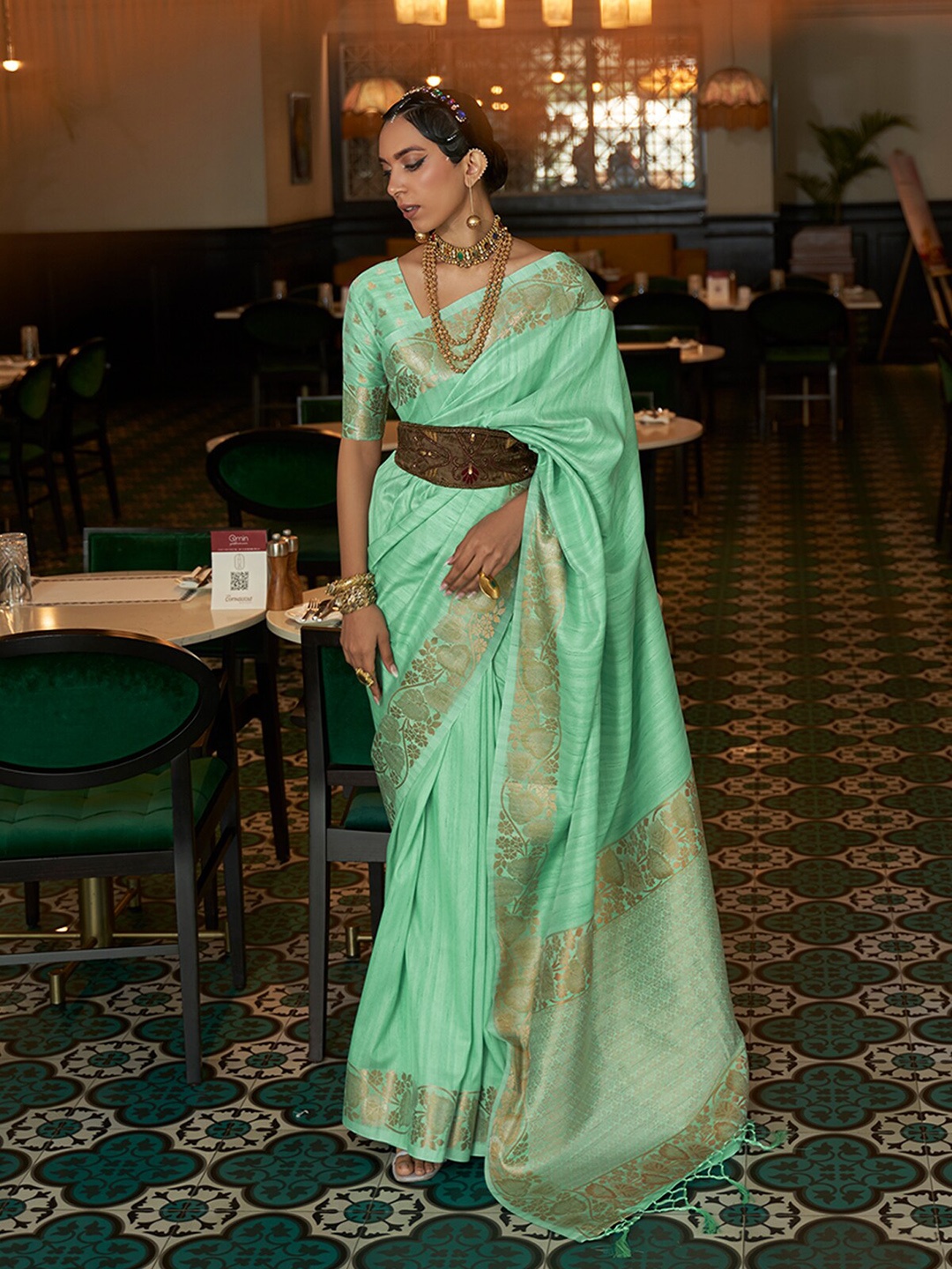 

ODETTE Floral Woven Design Zari Satin Saree, Green
