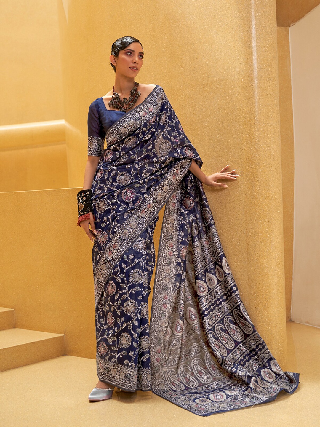 

ODETTE Woven Design Silk Blend Saree, Navy blue