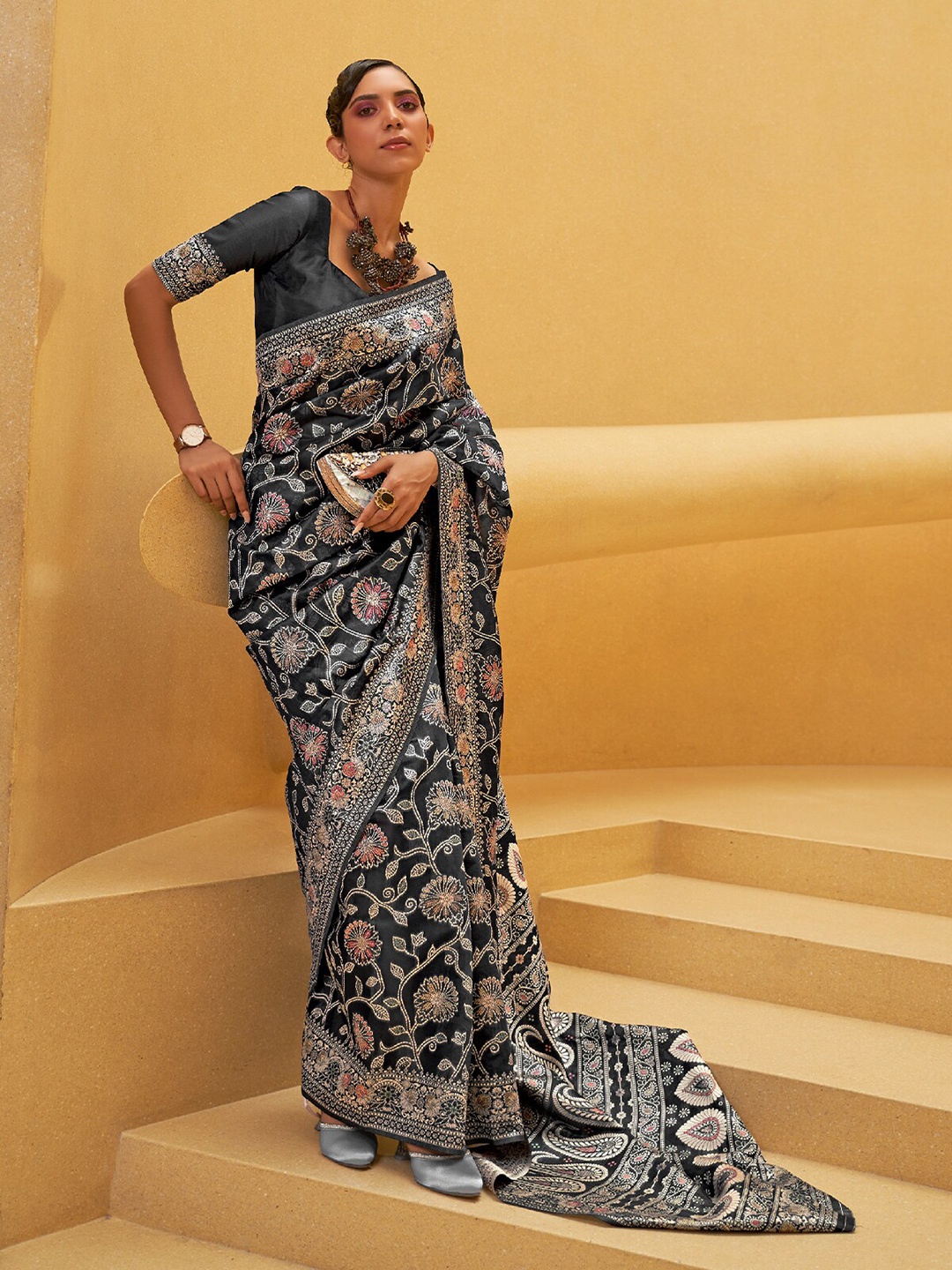 

ODETTE Floral Woven Design Zari Saree, Black