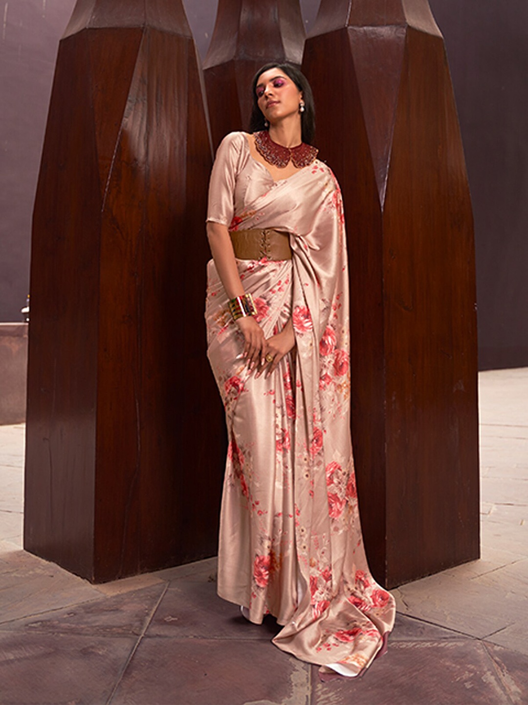 

ODETTE Satin Printed Saree, Beige