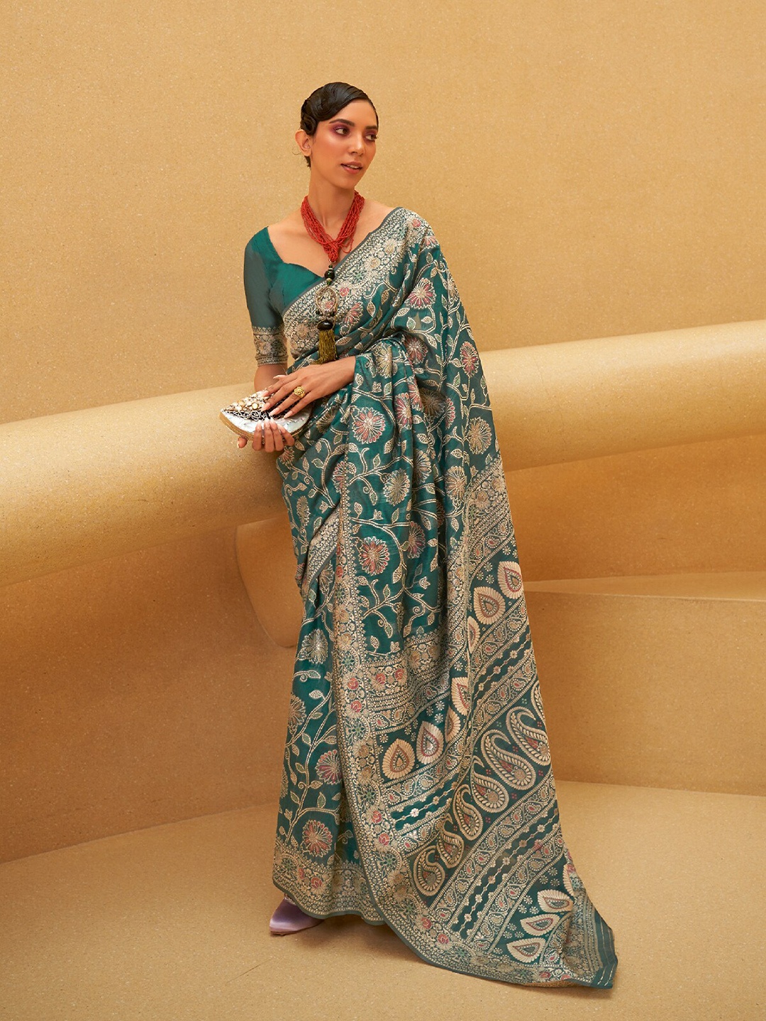 

ODETTE Floral Printed Saree, Teal