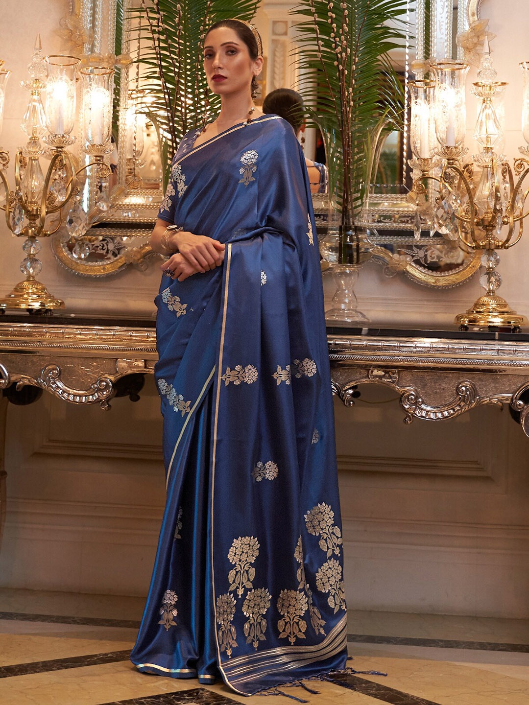 

ODETTE Floral Woven Design Satin Saree, Blue