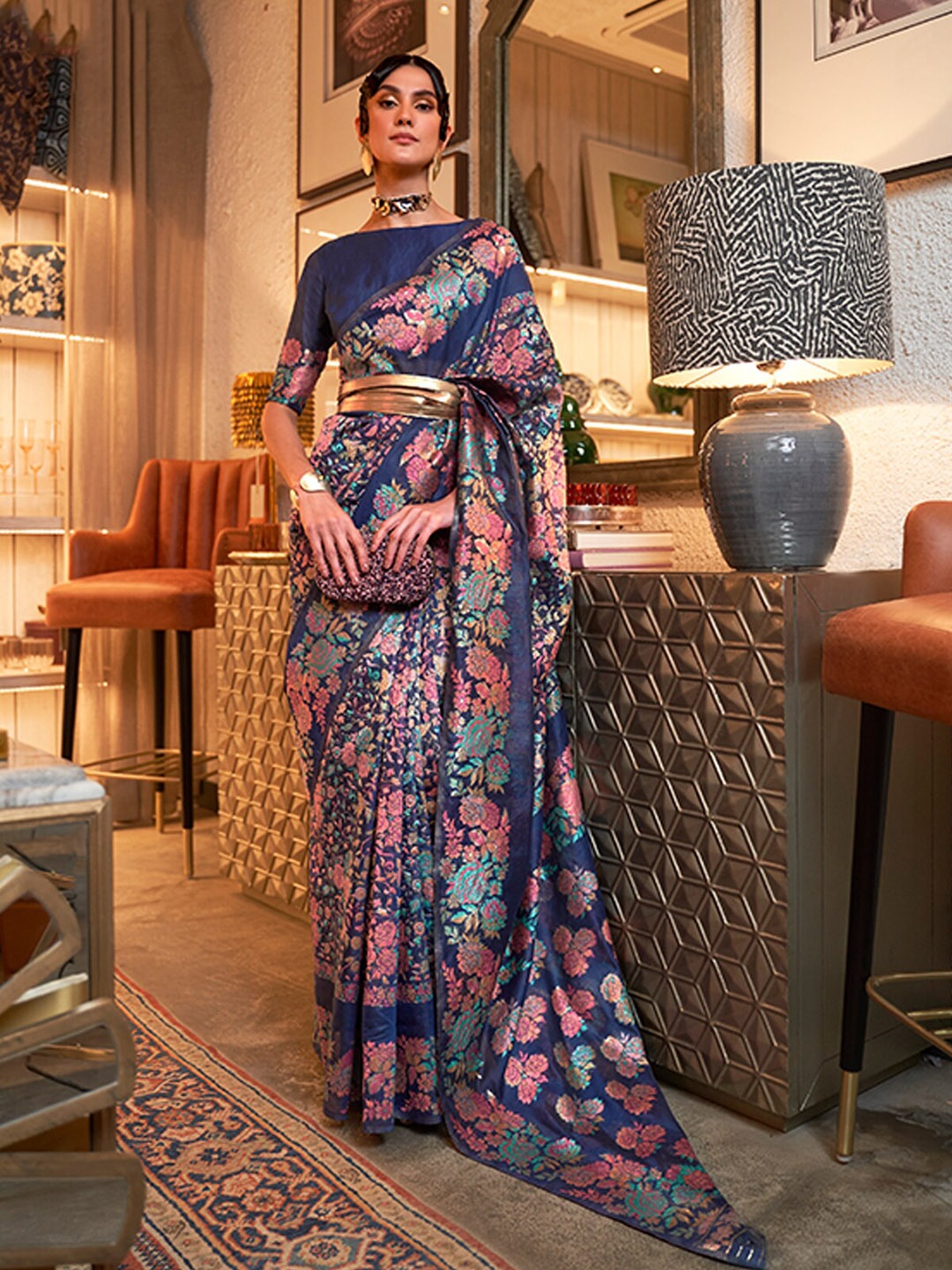 

ODETTE Floral Motif Blue Woven Design Zari Saree, Navy blue