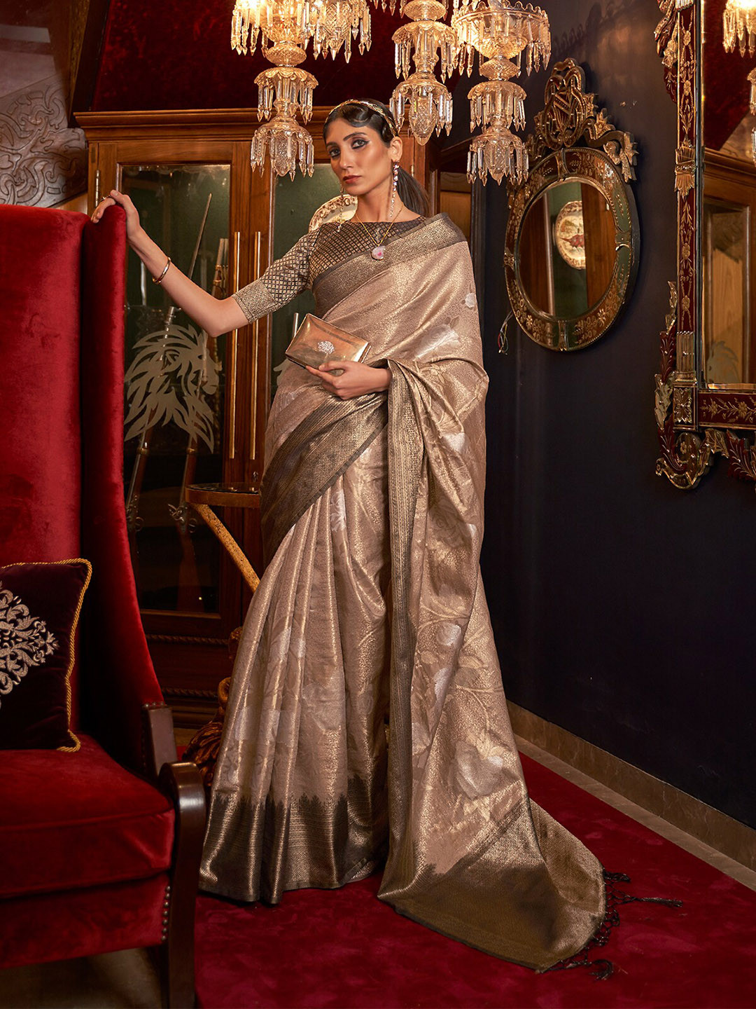 

ODETTE Floral Woven Design Saree, Brown