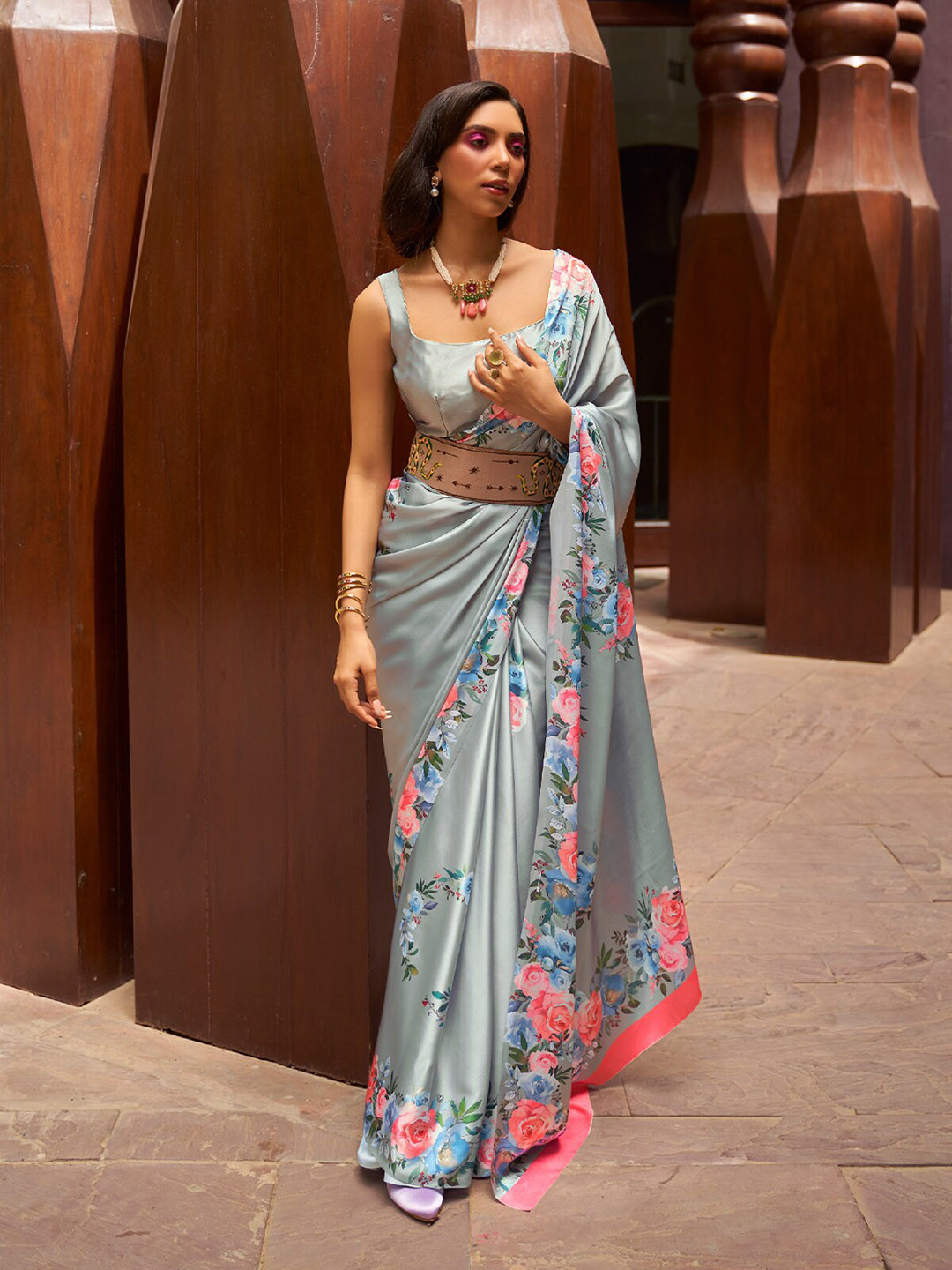 

ODETTE Floral Printed Satin Saree, Grey