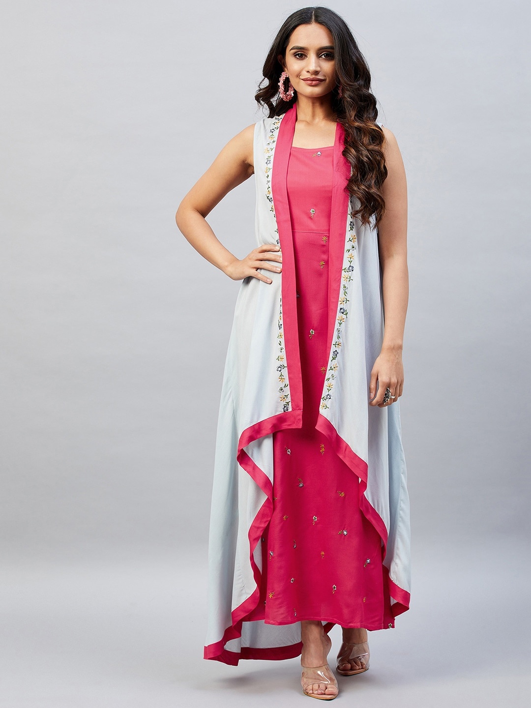 

Aaheli Floral Embroidered A-Line Maxi Dress With Shrug, Fuchsia