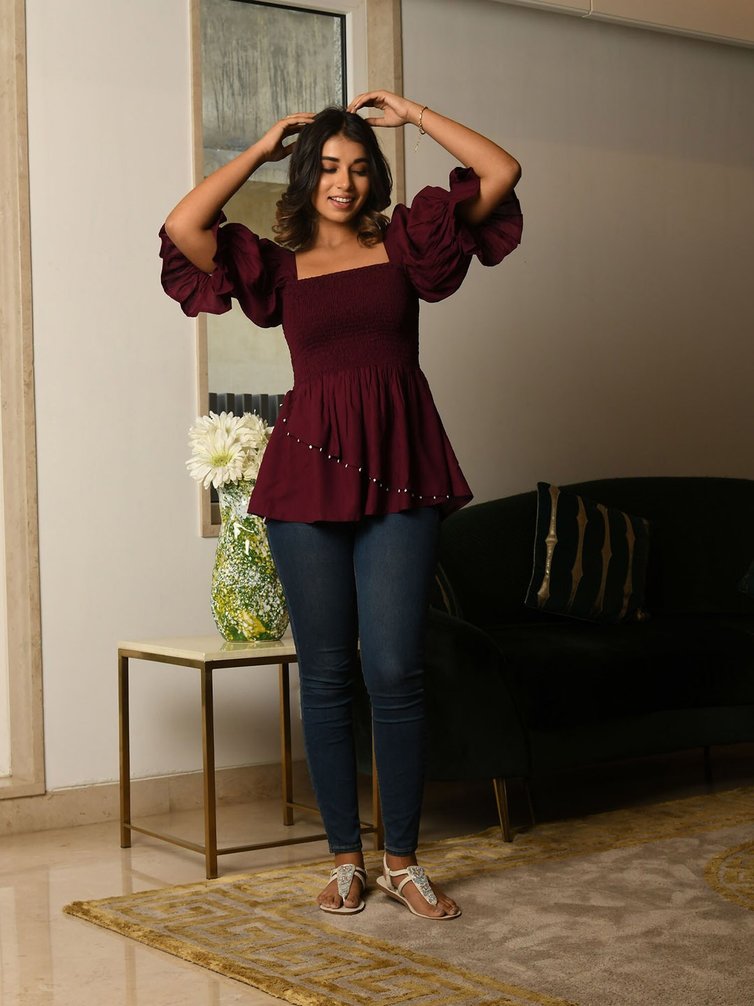 

Aaheli Square Neck Puff Sleeves Peplum Top, Purple