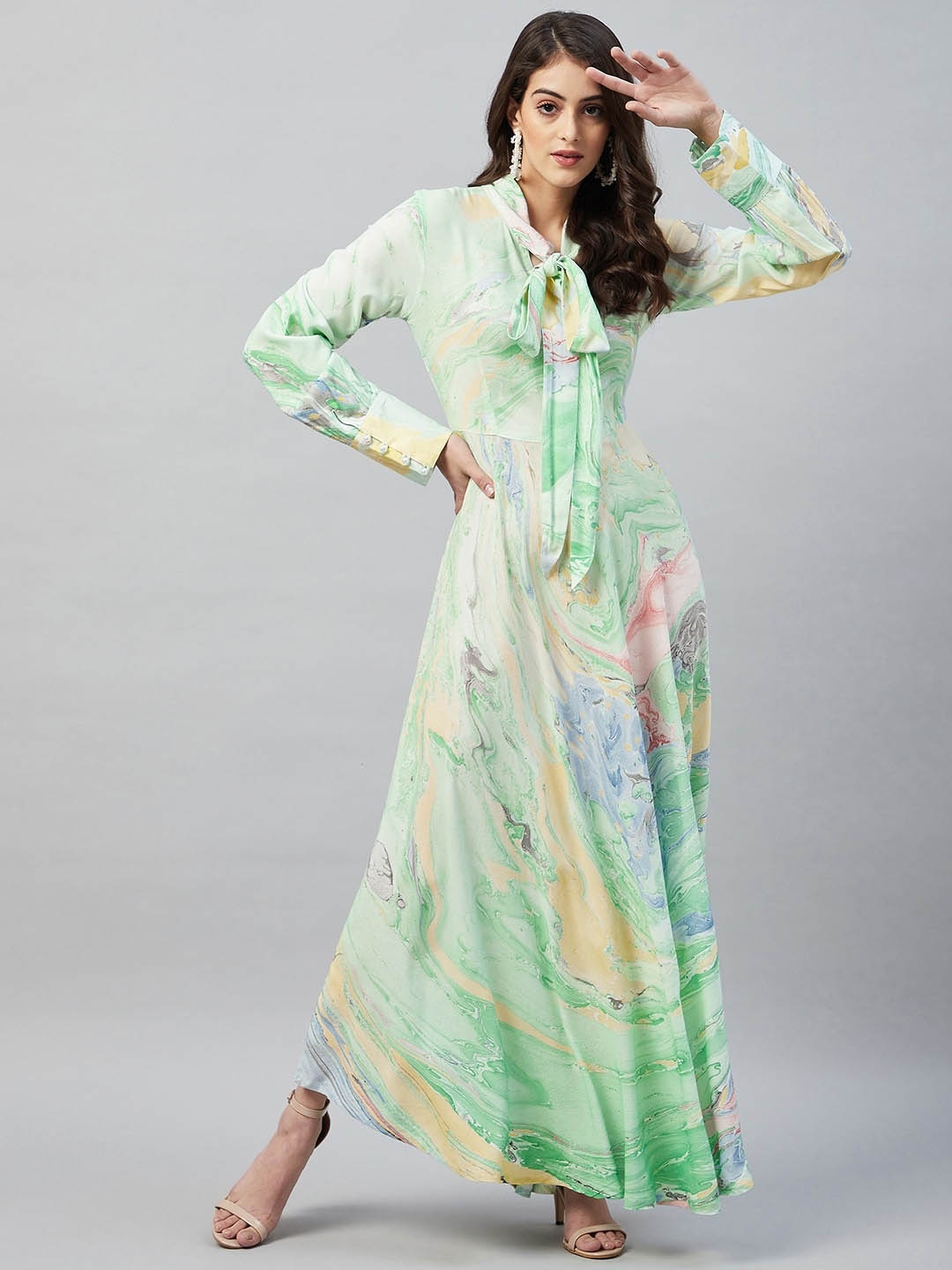 Aaheli Abstract Printed Tie-Up Neck A-Line Maxi Dress, Green