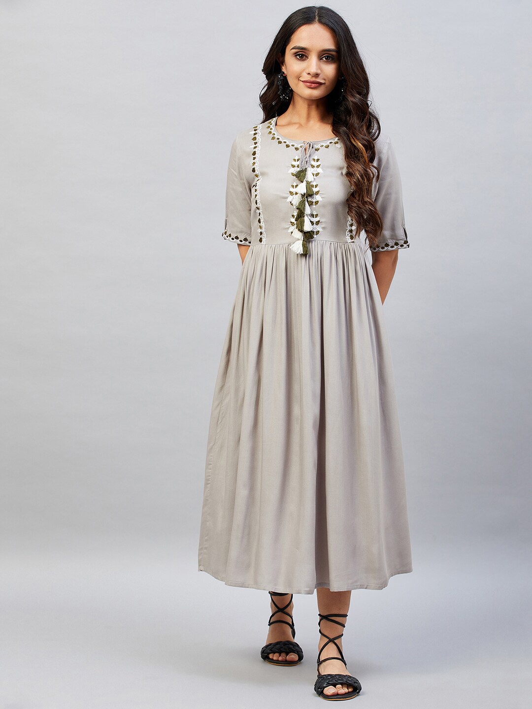 

Aaheli Tie-Up Neck Embroidered Midi Ethnic Dress, Grey