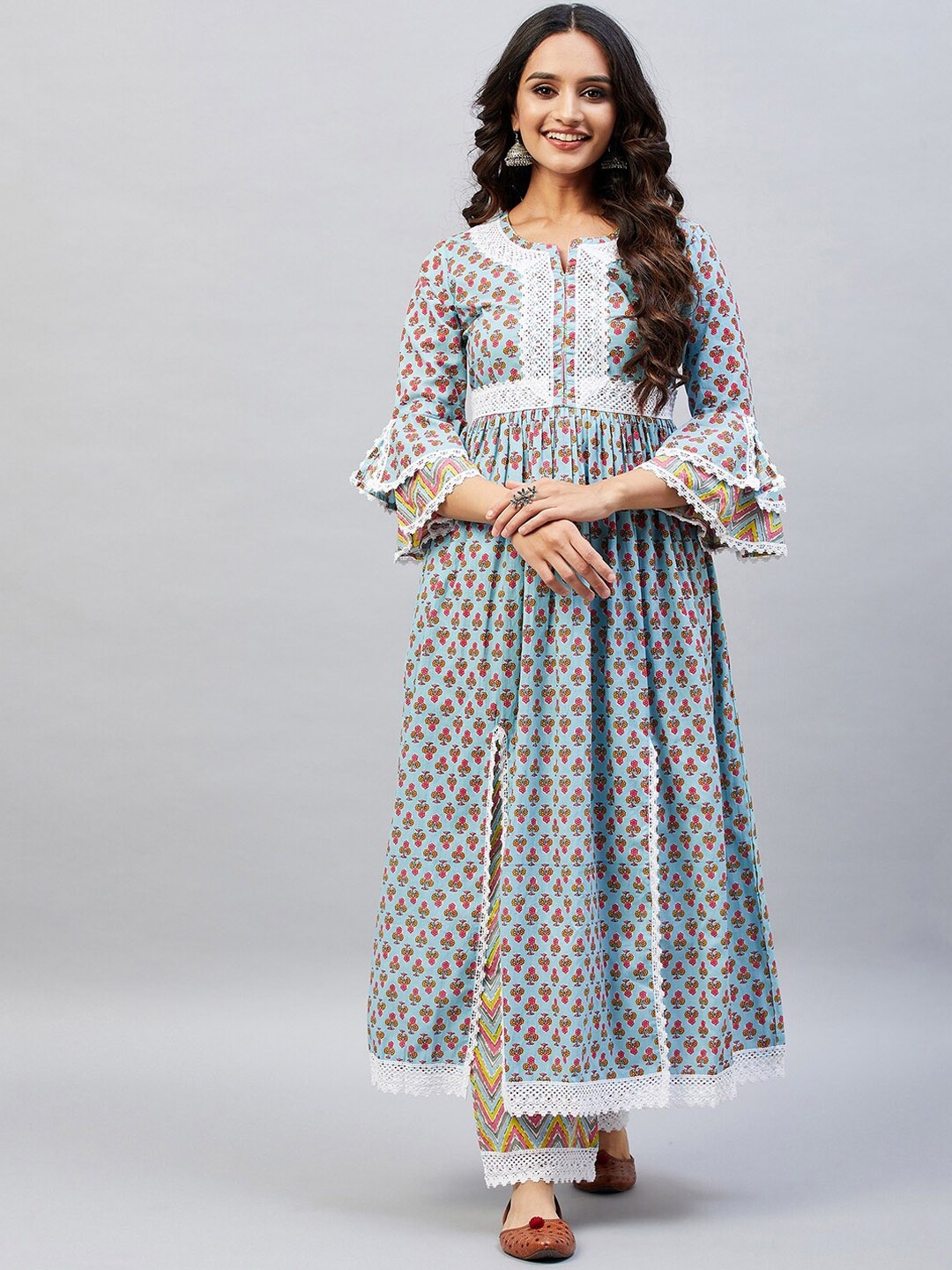 Aaheli Printed Notch Neck Bell Sleeves Thread Work Pure Cotton A-Line Kurta with Palazzos, Blue
