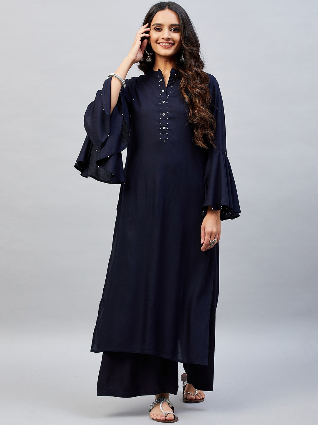 

Aaheli Band Collar Beads & Stones Bell Sleeves Straight Kurta With Palazzos, Navy blue