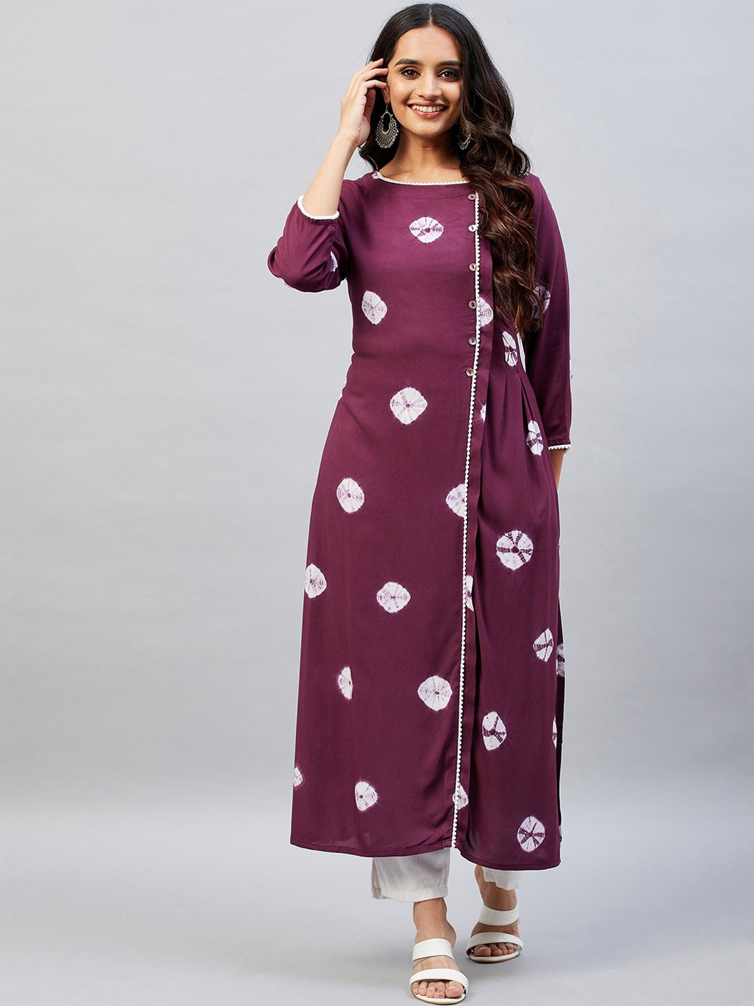 

Aaheli Bandhani Dyed Boat Neck Angrakha Kurta, Purple
