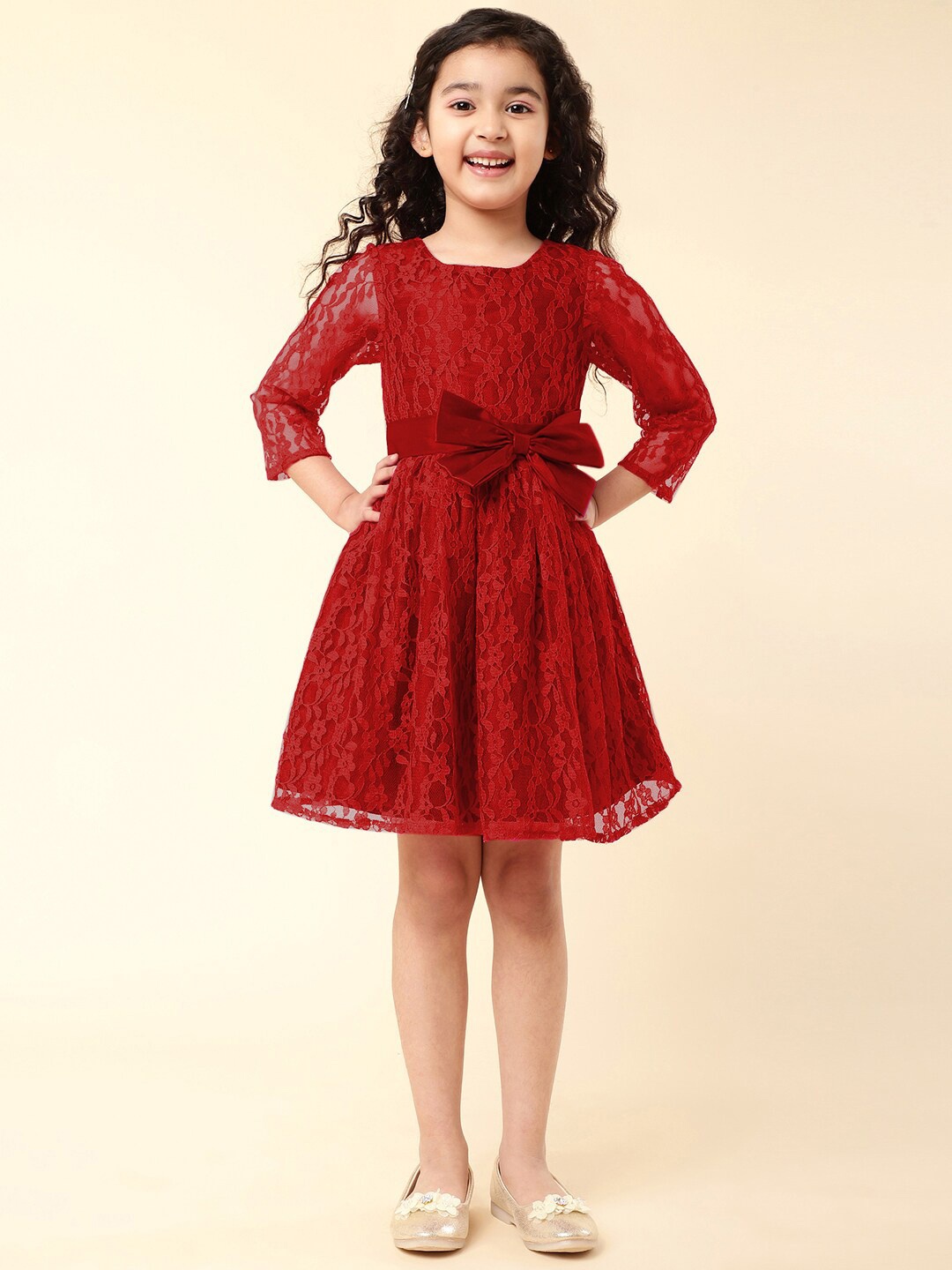 

A.T.U.N. Girls Self Design Lace Fit & Flare Dress, Maroon