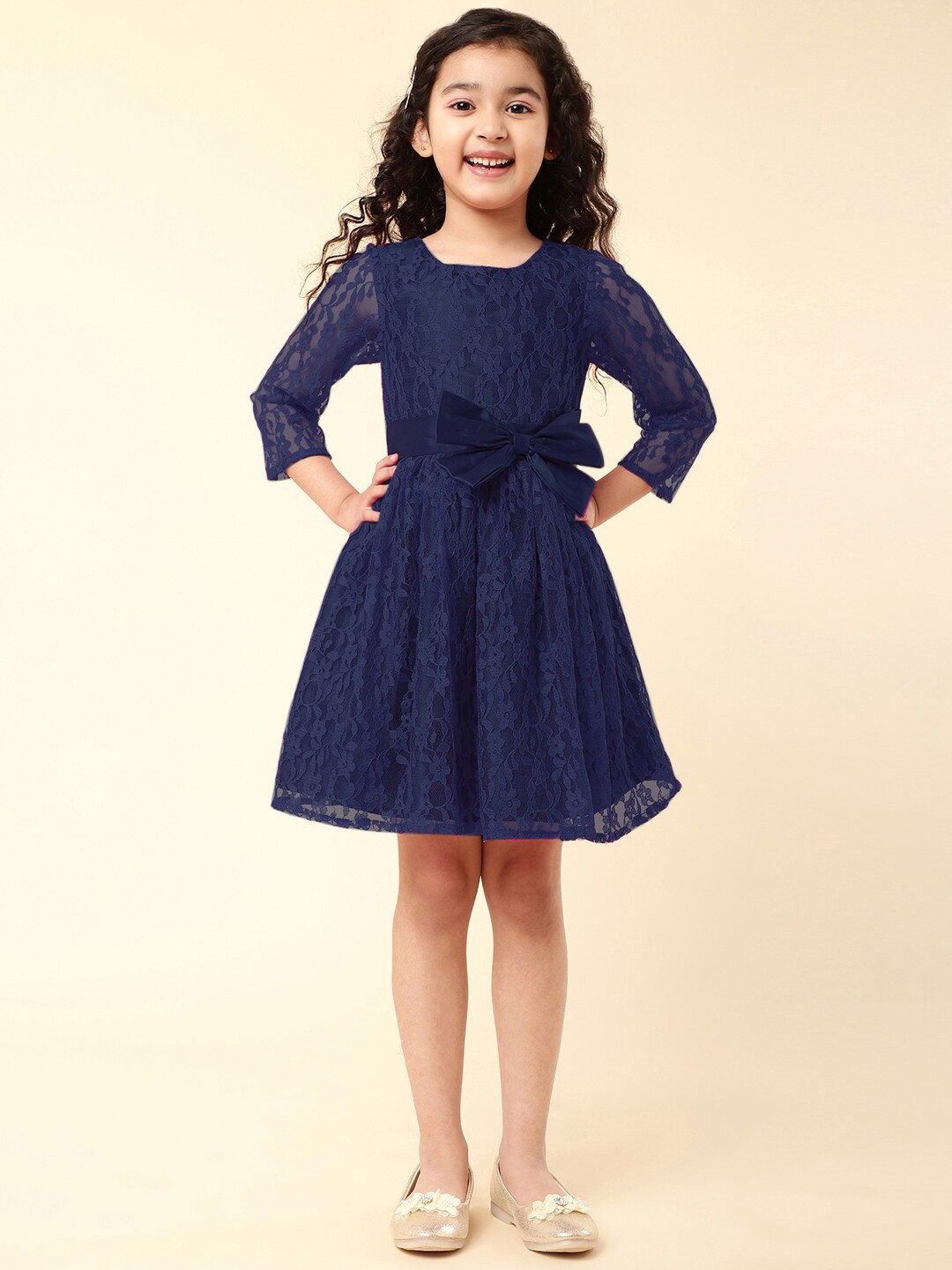 

A.T.U.N. Girls Self Design Bow Detail Lace Fit & Flare Dress, Navy blue