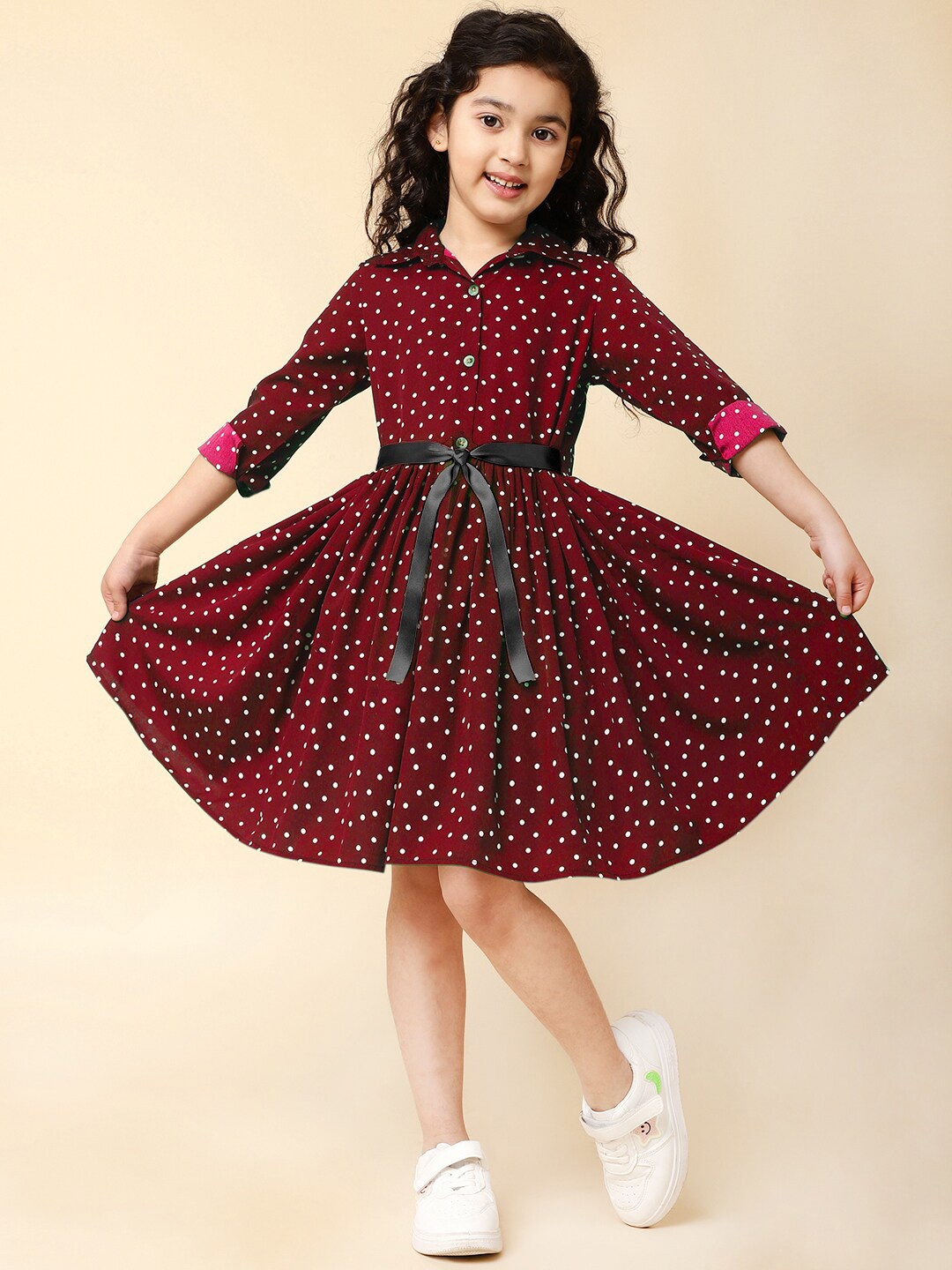 

A.T.U.N. Girls Polka Dots Printed Crepe Shirt Dress, Maroon