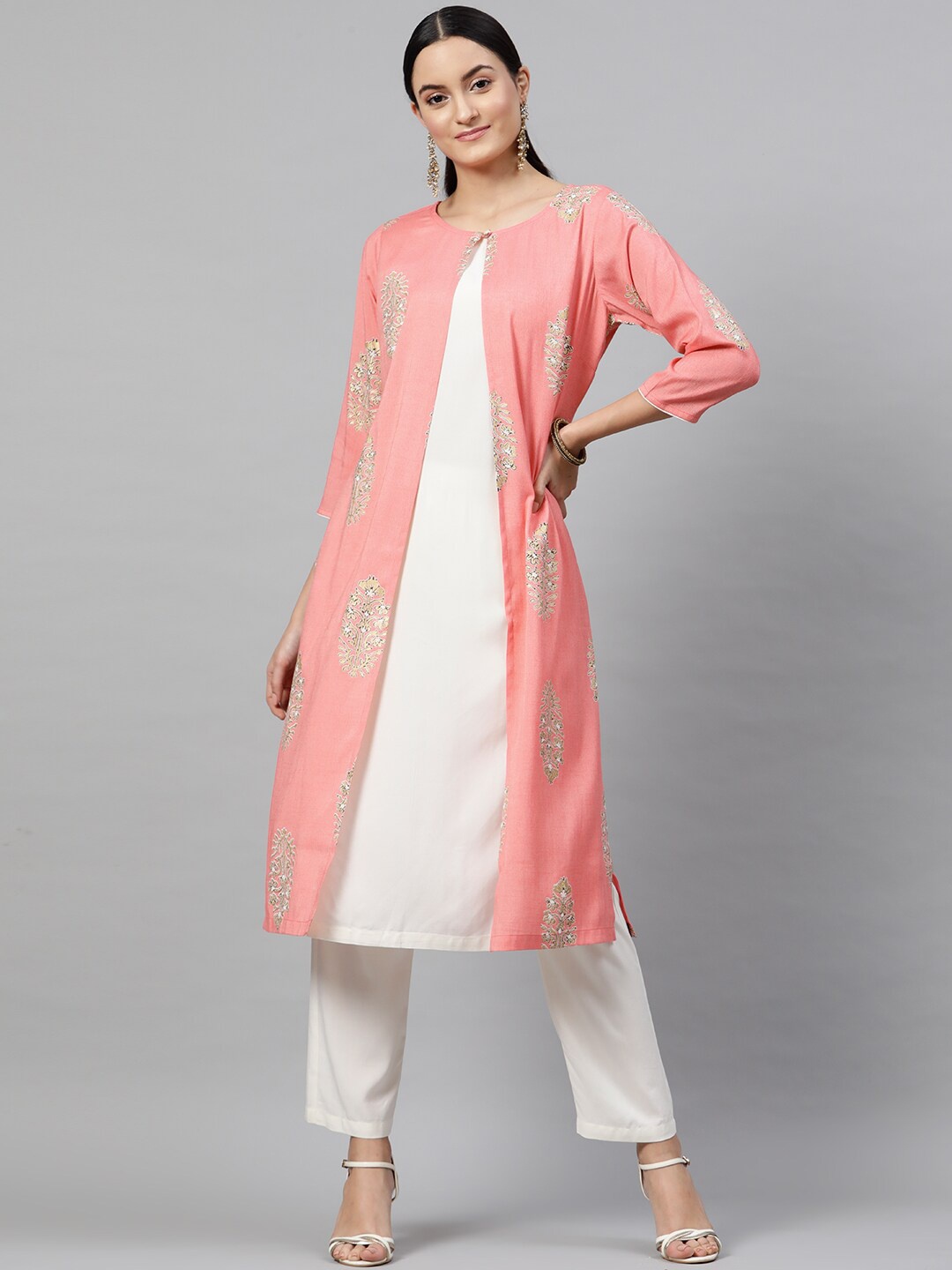 

indo street Layered Floral Printed Straight Kurta With Trousers, Peach