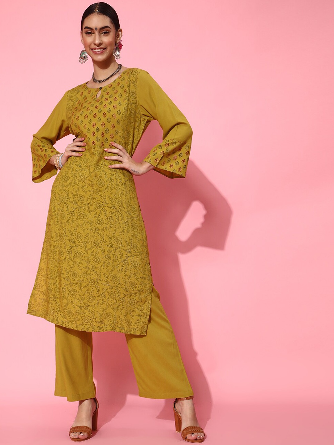 

indo street Keyhole Neck Floral Printed Straight Kurta With Palazzos, Mustard