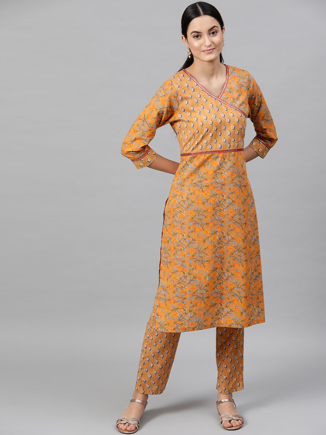 

indo street V-Neck Floral Printed Sequinned Angrakha Pure Cotton Kurta With Trousers, Mustard