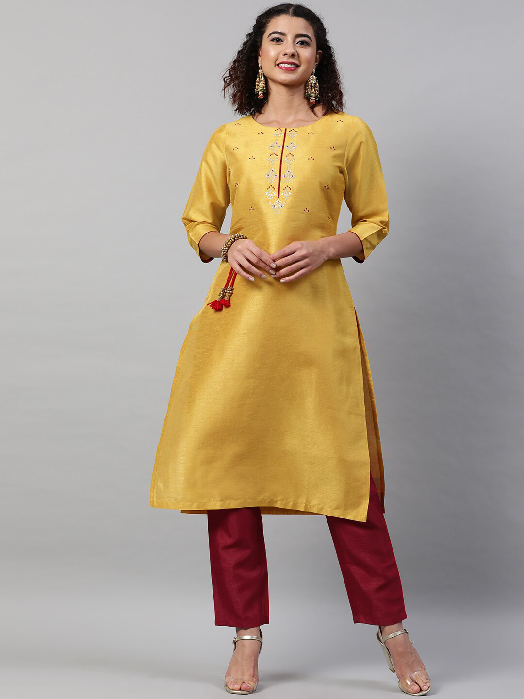 

indo street Floral Embroidered Boat Neck A-Line Kurta With Trousers, Mustard