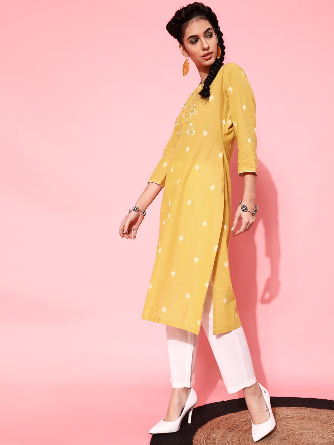 

indo street Floral Embroidered Pure Cotton Kurta with Trousers, Mustard