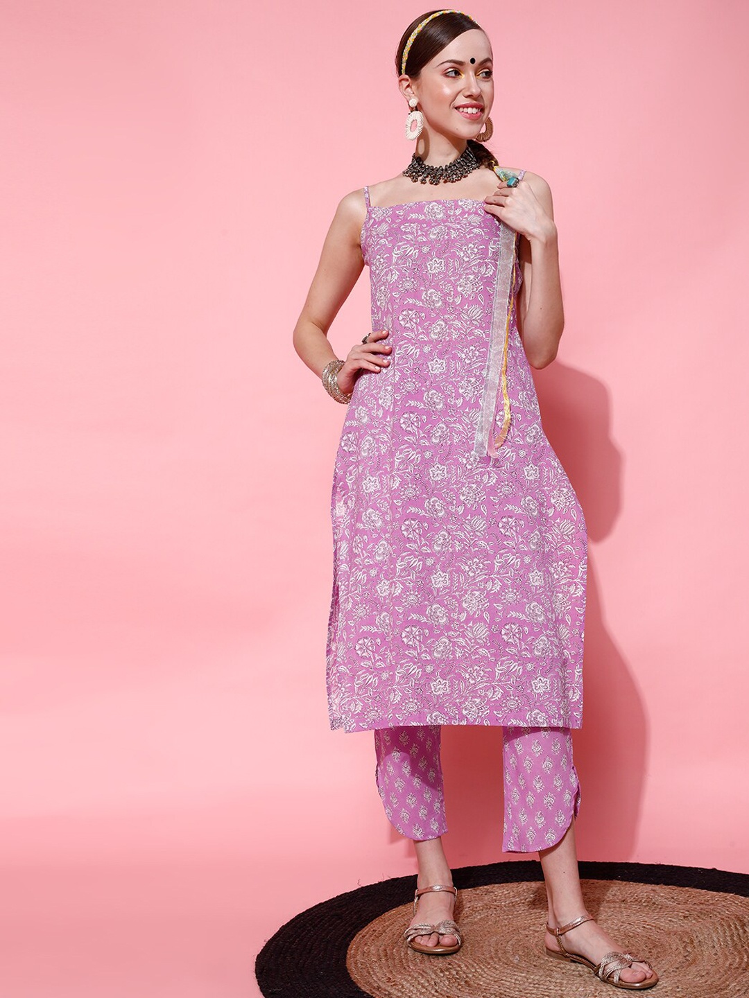 

indo street Floral Printed shoulder Straps Pure Cotton Kurta With Trousers, Purple