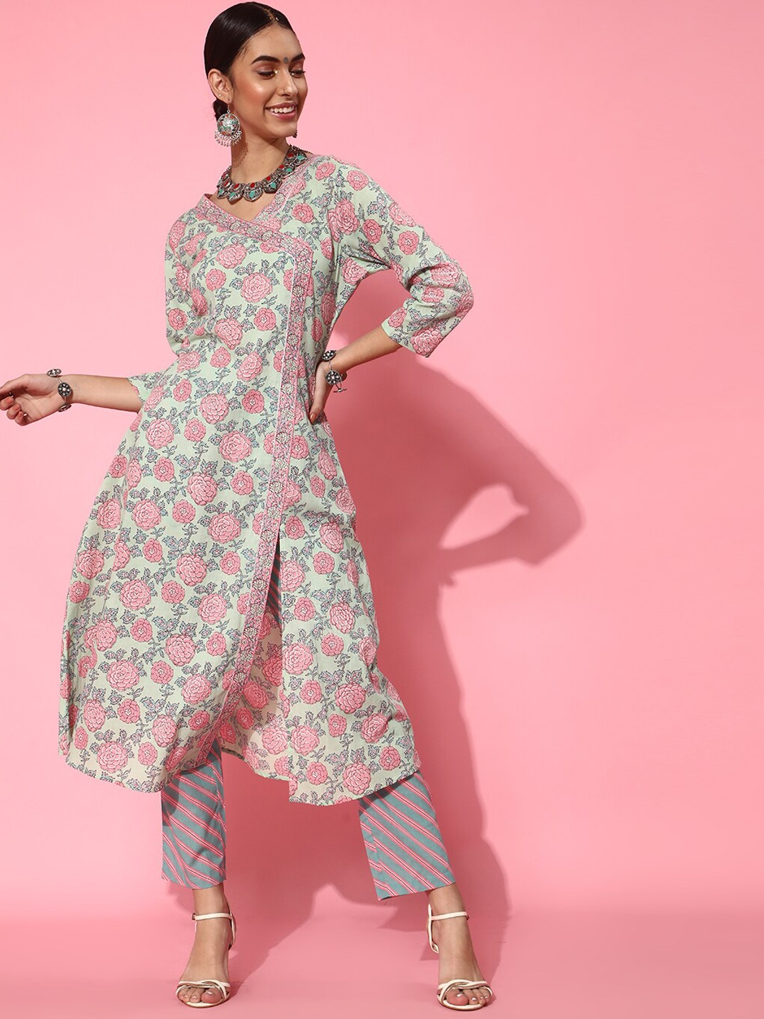 

indo street Floral Printed Angrakha Pure Cotton Kurta with Trousers, Green