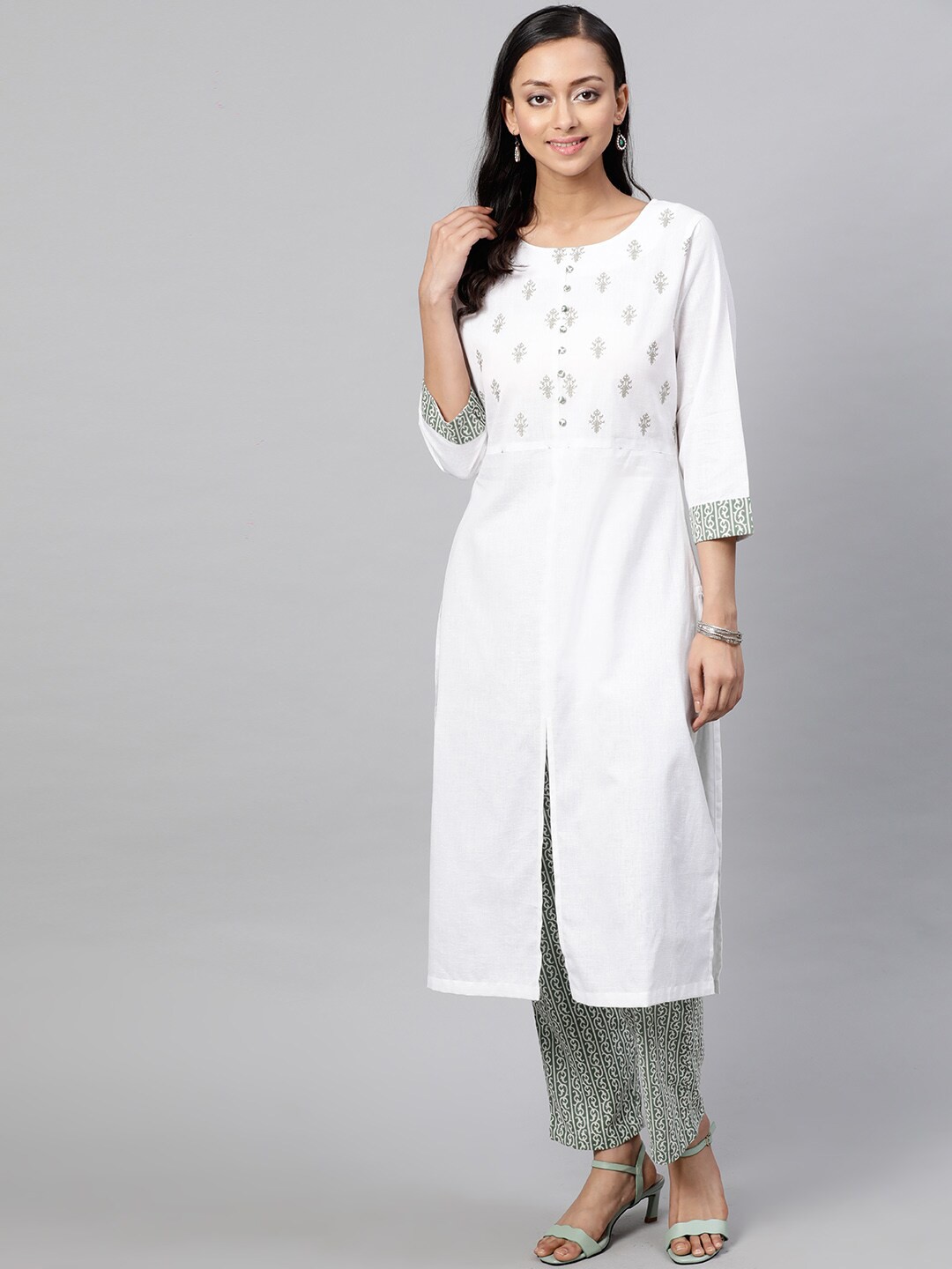 

indo street Yoke Design Thread Work Pure Cotton Kurta With Trousers, White