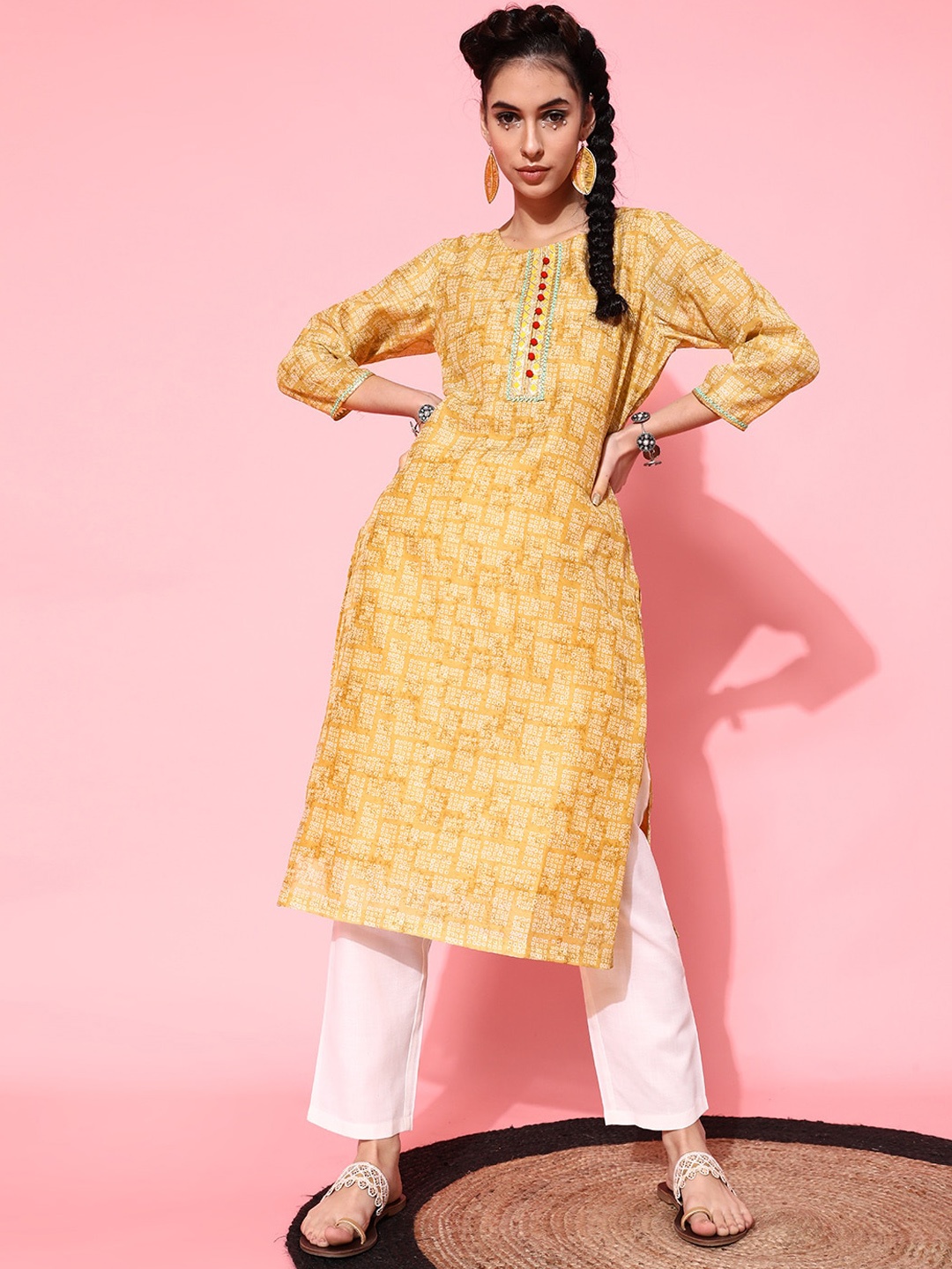 

indo street Bandhani Printed Gotta Patti Pure Cotton Kurta With Trousers, Beige