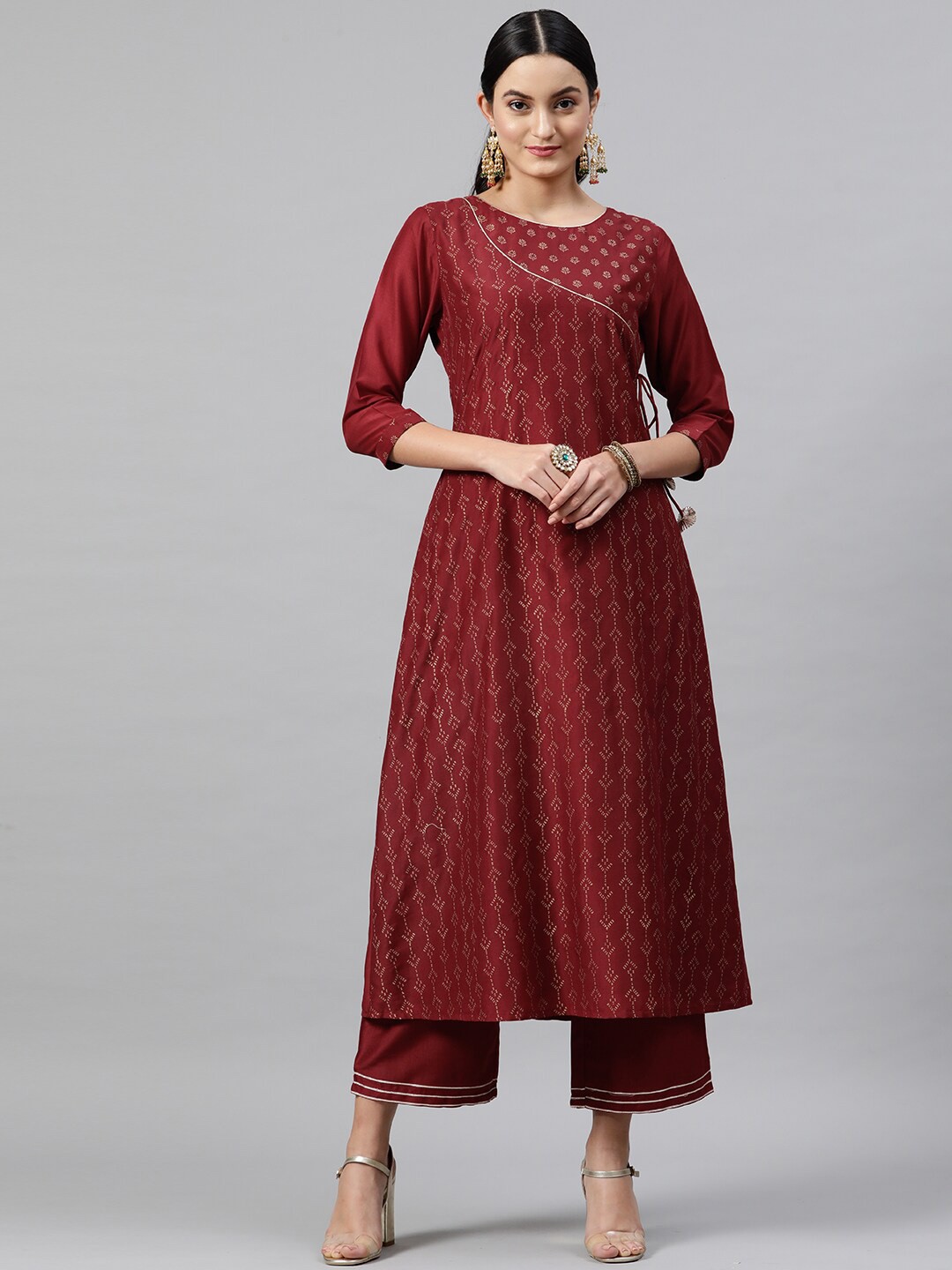 

indo street Ethnic Motif Printed Foil Sequinned Angrakha Pure Cotton Kurta With Palazzos, Maroon