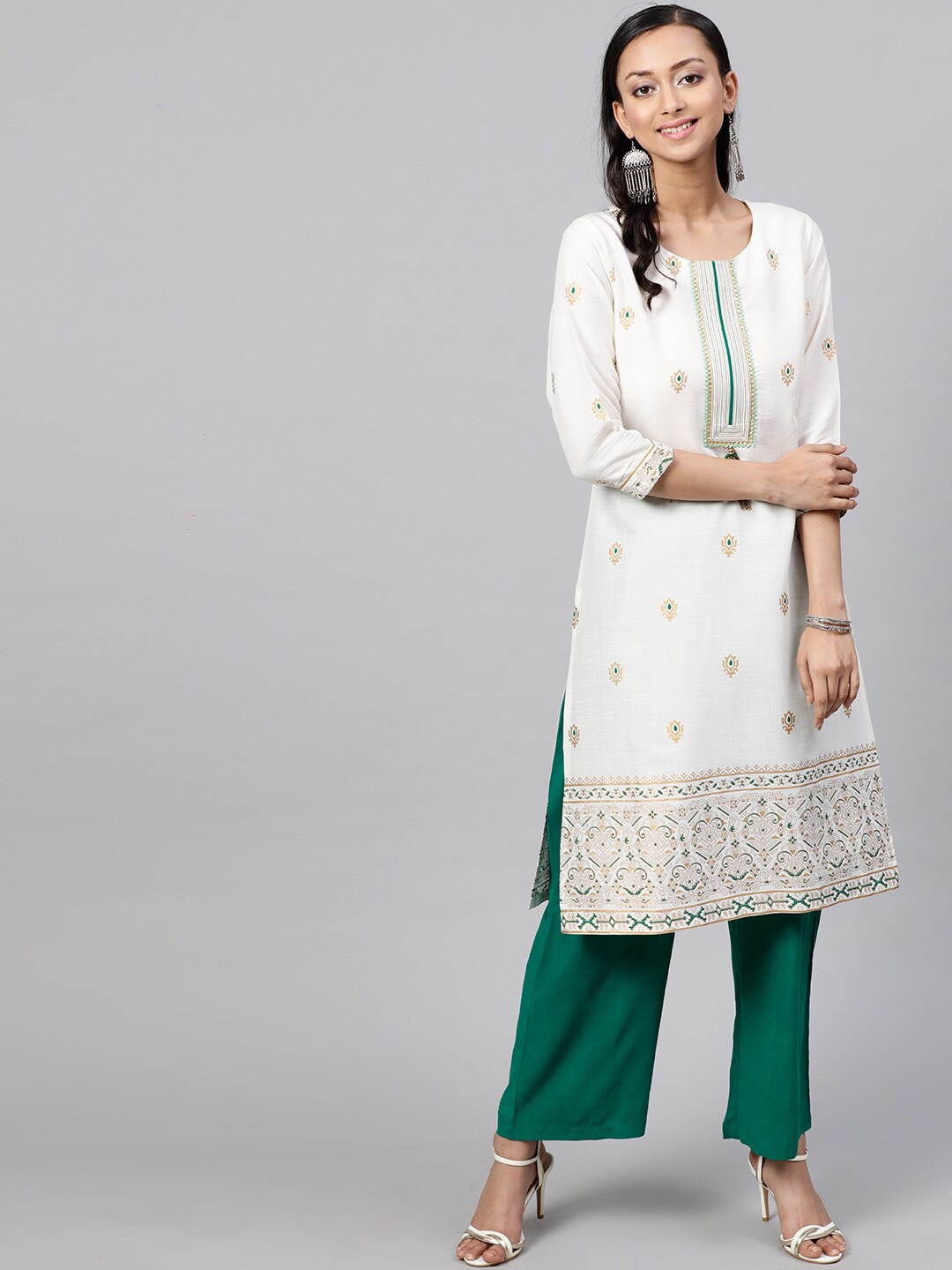 

indo street Ethnic Motif Printed Thread Work Kurta With Palazzos, White