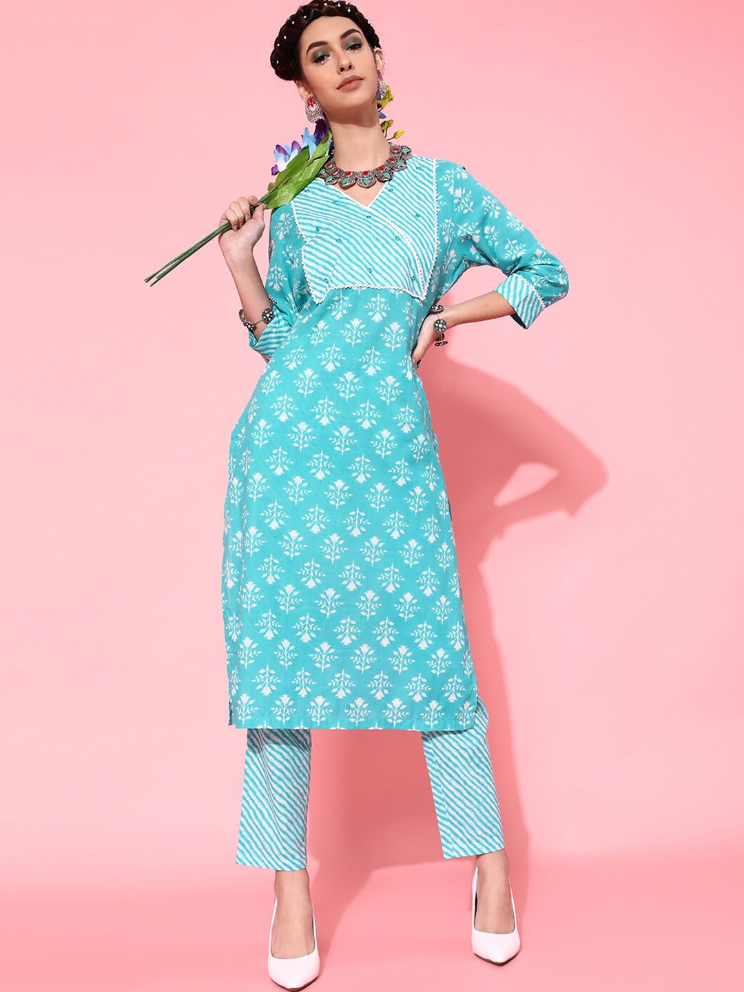 

indo street Floral Printed V Neck Mirror Work Neck Pure Cotton Kurta With Trousers, Turquoise blue