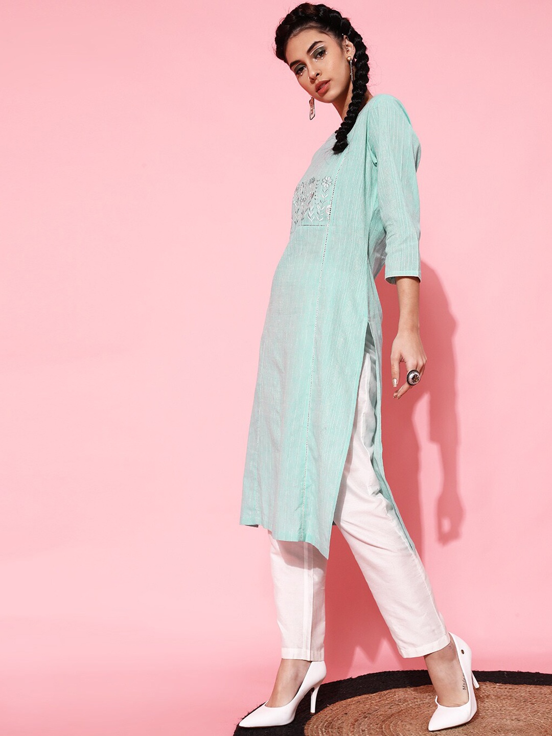 

indo street Floral Embroidered Pure Cotton Kurta With Trousers, Turquoise blue