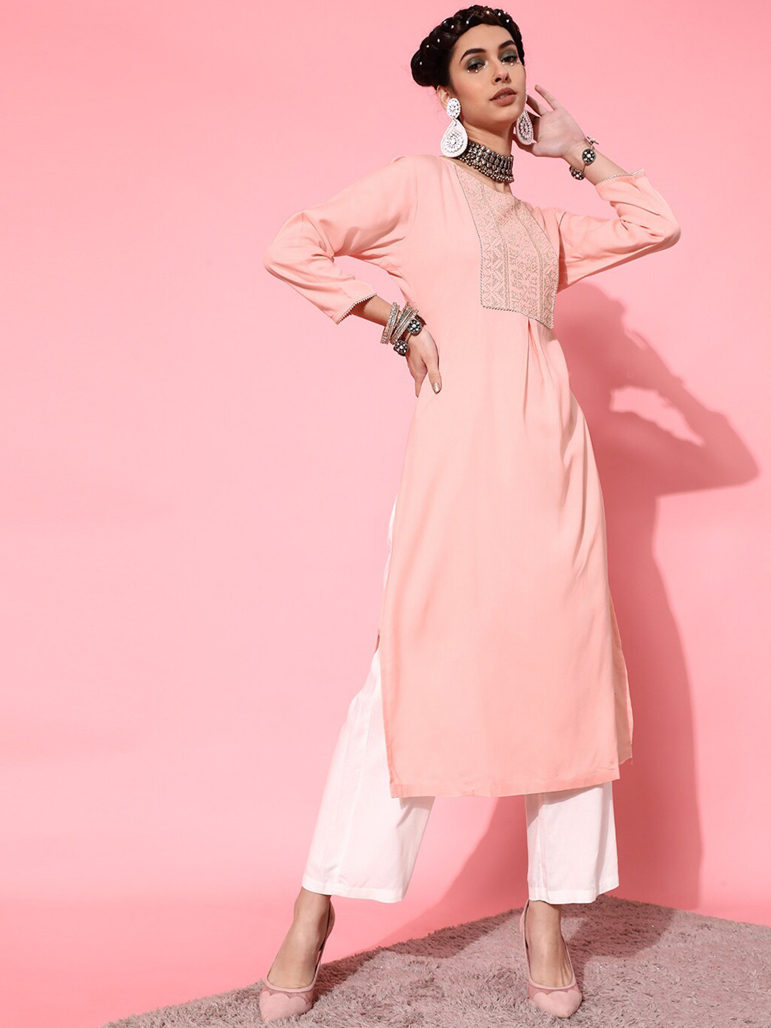 

indo street Ethnic Yoke Design Thread Work Straight Kurta with Palazzos, Pink