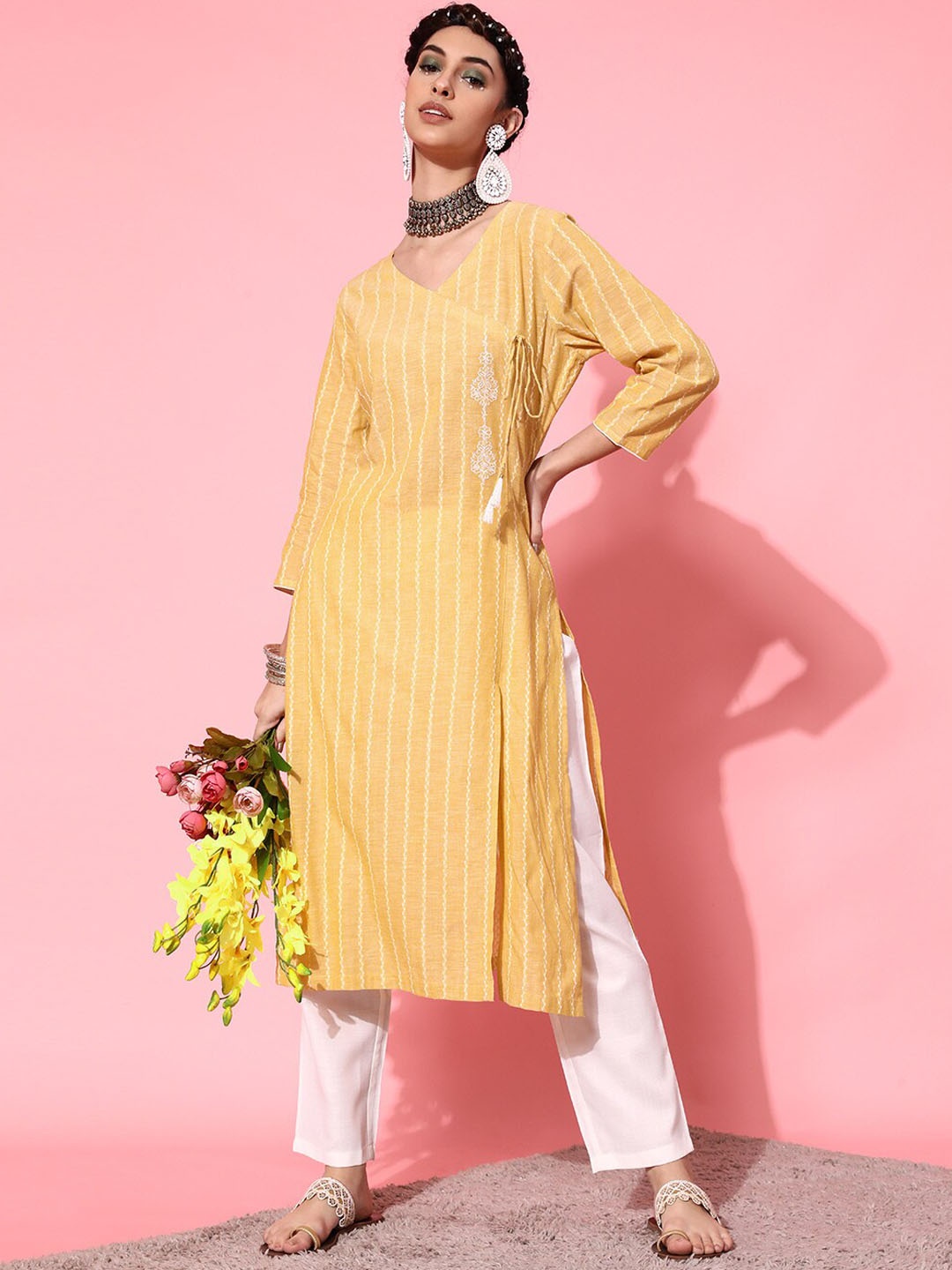 

indo street Ethnic Motifs Printed Thread Work Angrakha Pure Cotton Kurta With Trousers, Yellow