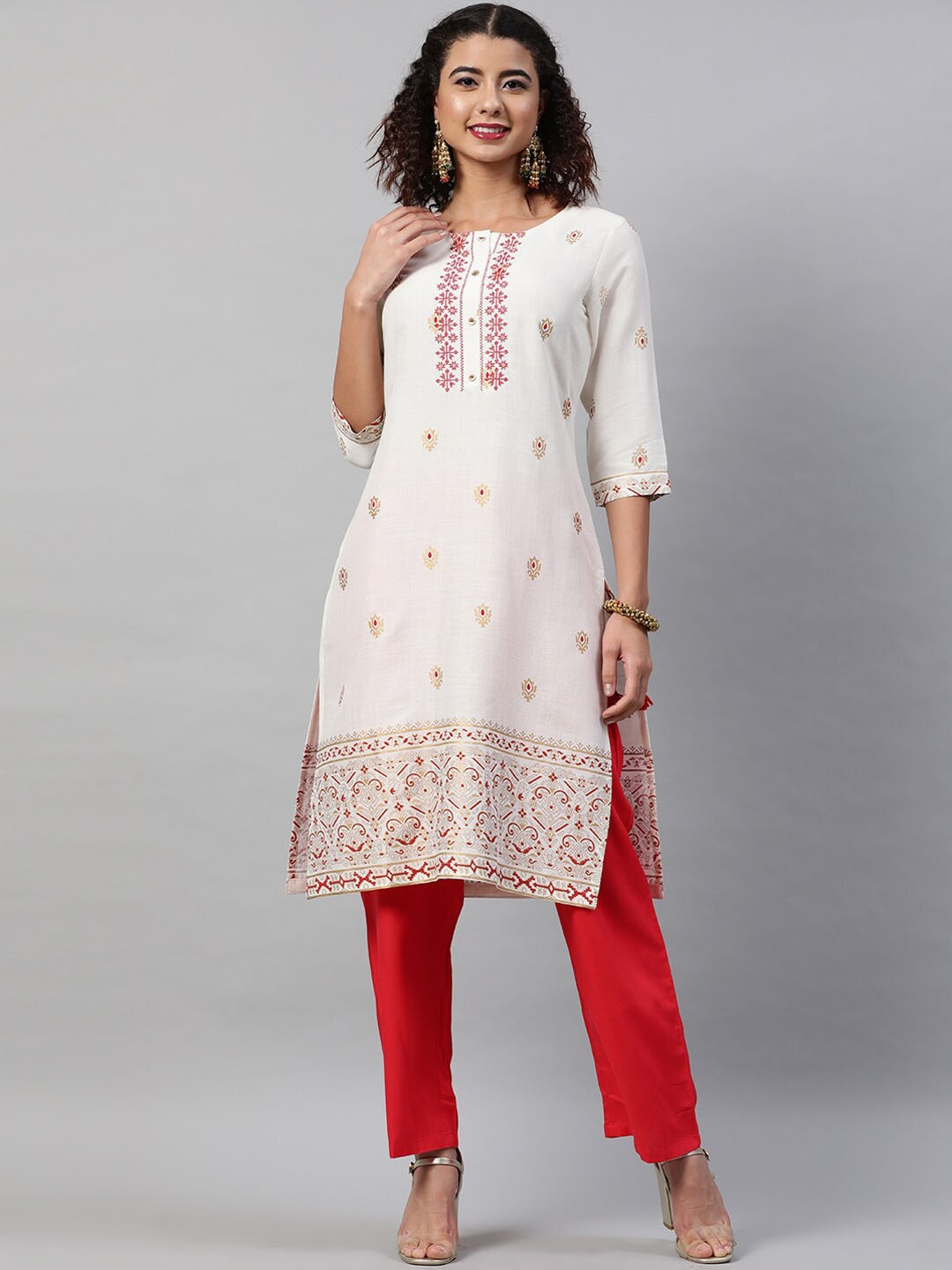 

indo street Ethnic Motifs Printed Thread Work Straight Kurta with Trousers, White