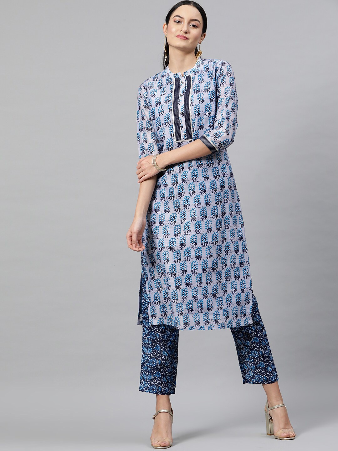 indo street Ethnic Motif Printed Screen Band Collar Gotta Patti Kurta With Trousers, Blue