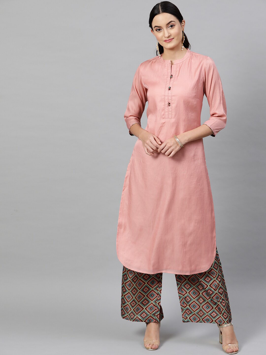 indo street Band Collar A-Line Curved Kurta with Palazzos, Peach