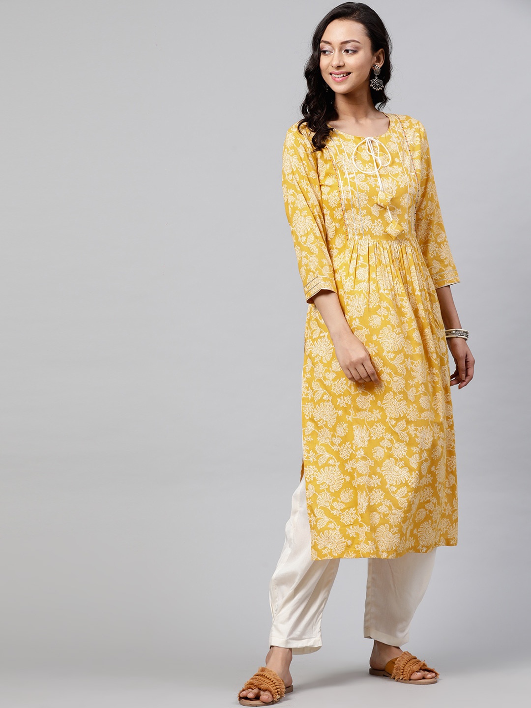 

indo street Floral Printed Gotta Patti A-Line Pure Cotton Kurta with Salwar, Yellow